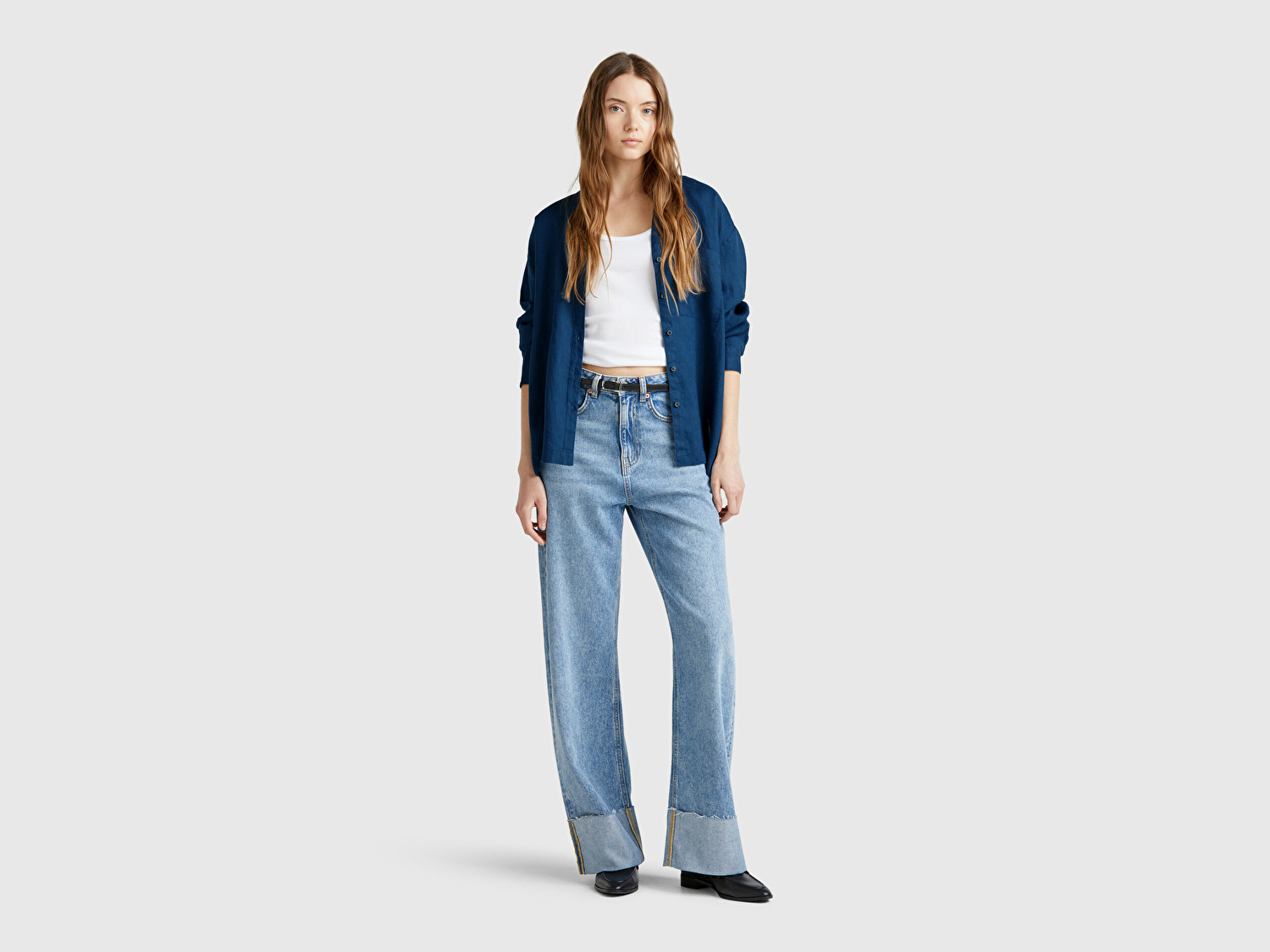Benetton Kadın Denim %100 Keten Sol Önü Cepli Oversize Mandarin Yaka Gömlek
