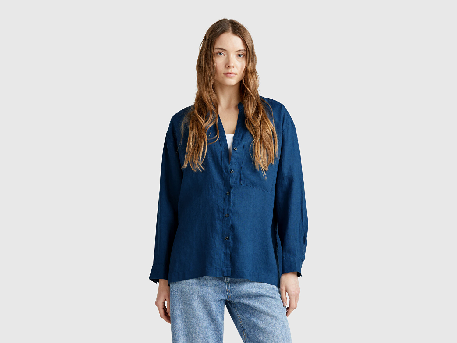 Benetton Kadın Denim %100 Keten Sol Önü Cepli Oversize Mandarin Yaka Gömlek