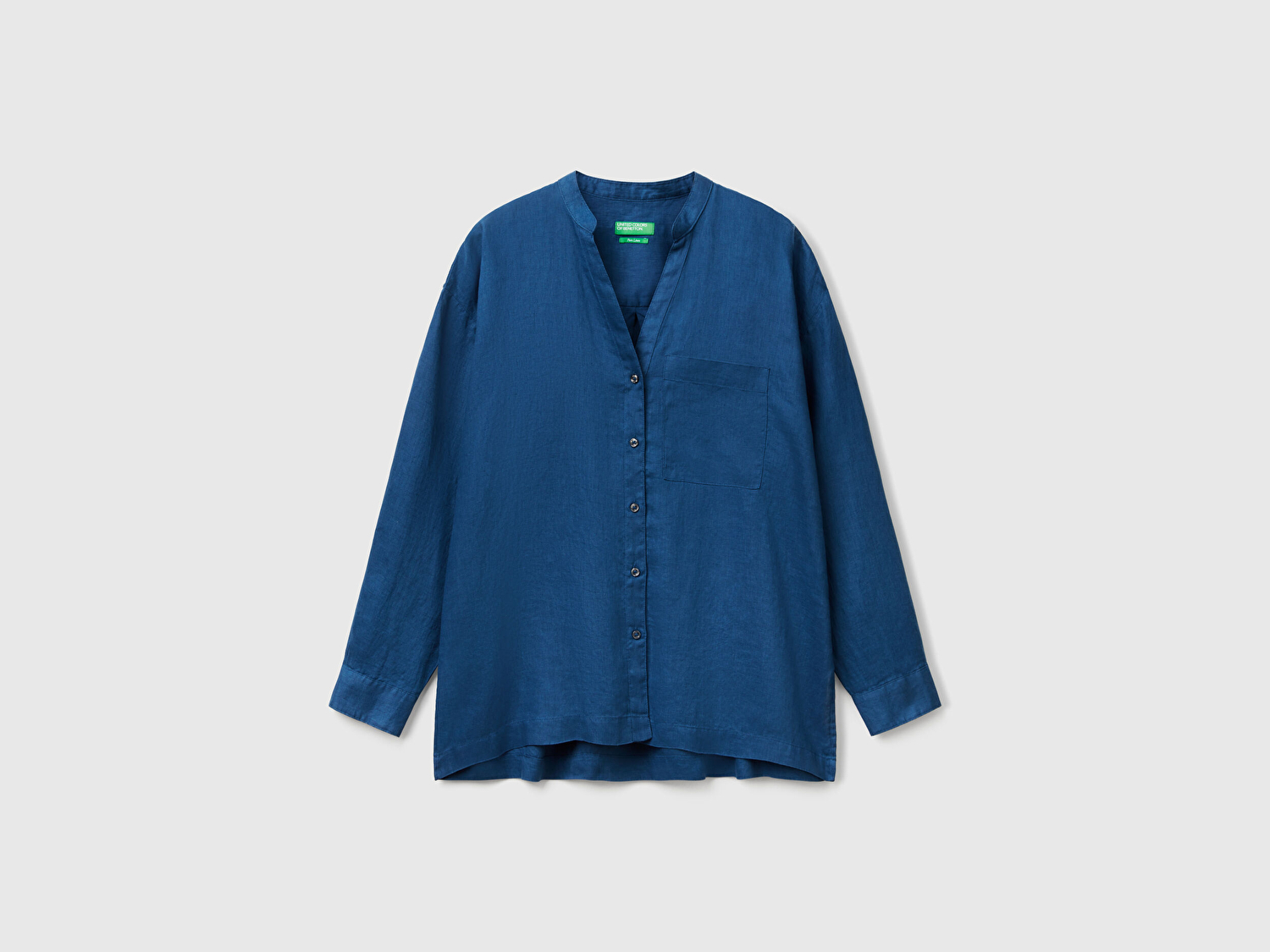Benetton Kadın Denim %100 Keten Sol Önü Cepli Oversize Mandarin Yaka Gömlek