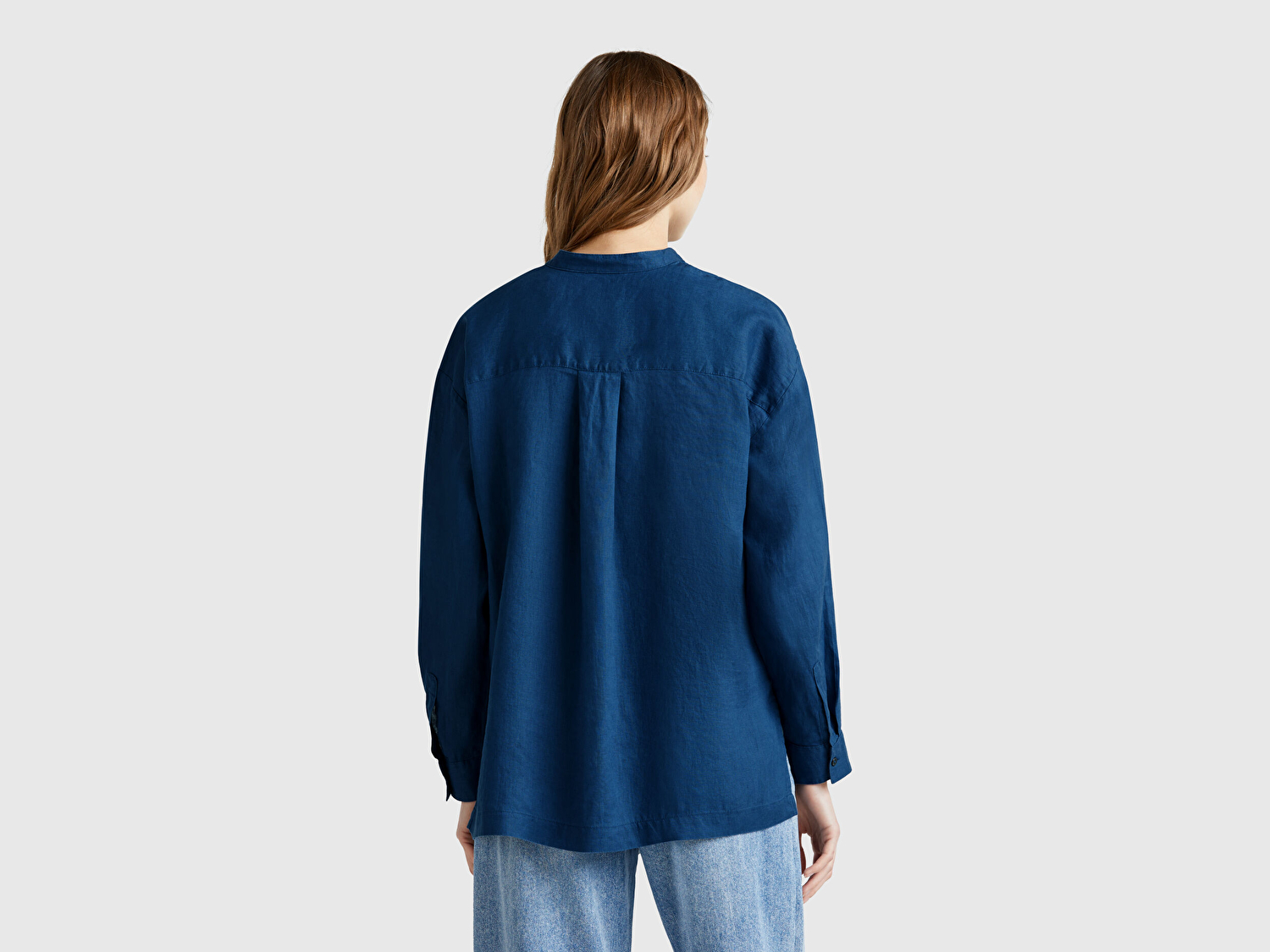 Benetton Kadın Denim %100 Keten Sol Önü Cepli Oversize Mandarin Yaka Gömlek