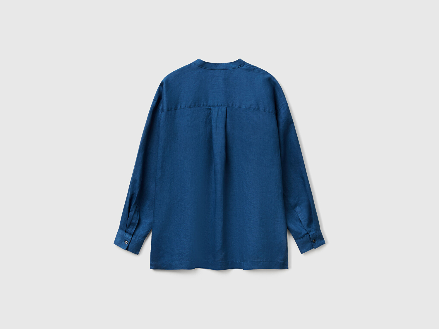 Benetton Kadın Denim %100 Keten Sol Önü Cepli Oversize Mandarin Yaka Gömlek