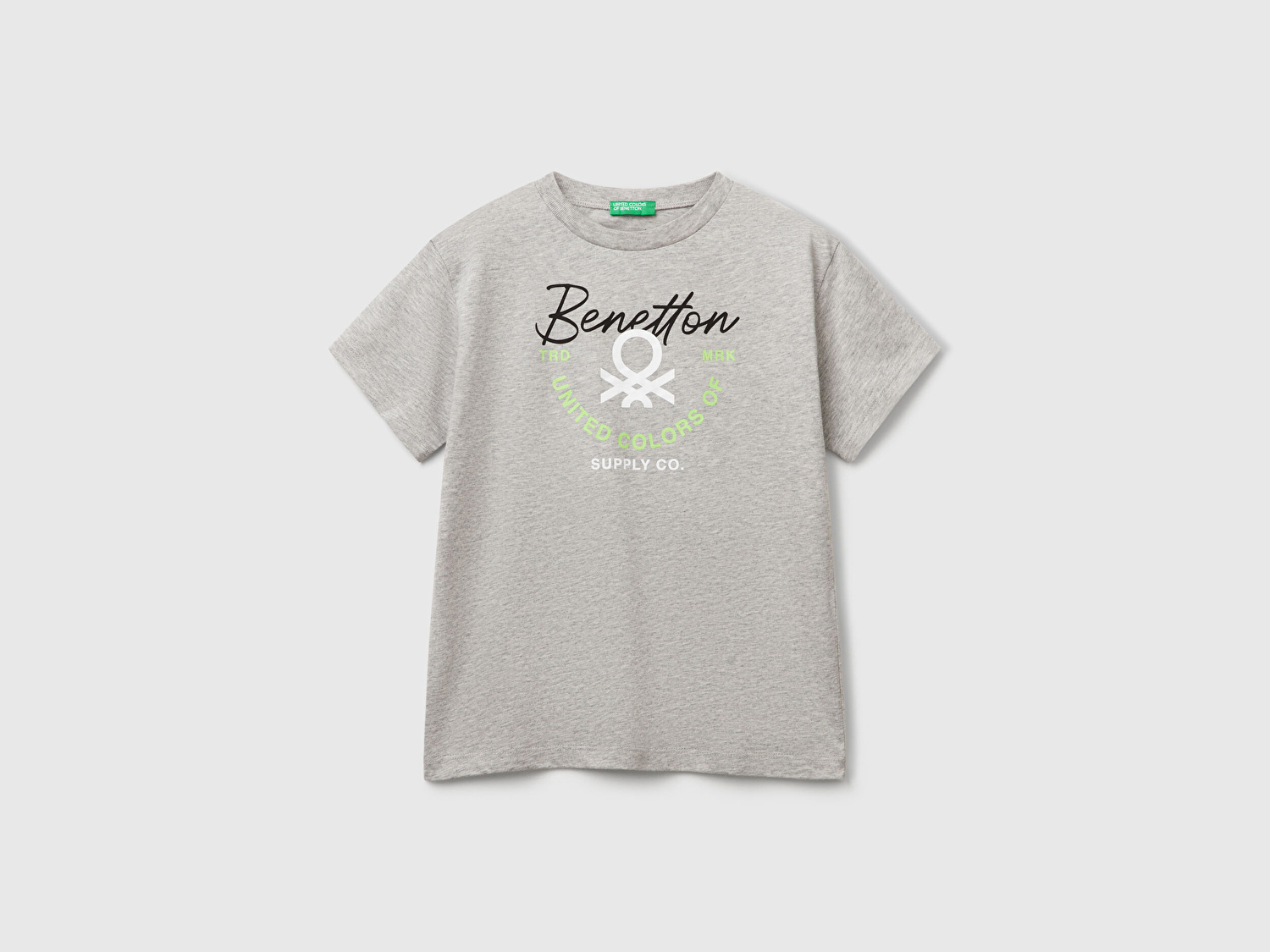 Benetton Erkek Çocuk Gri Melanj Benetton Logo Baskılı T-Shirt