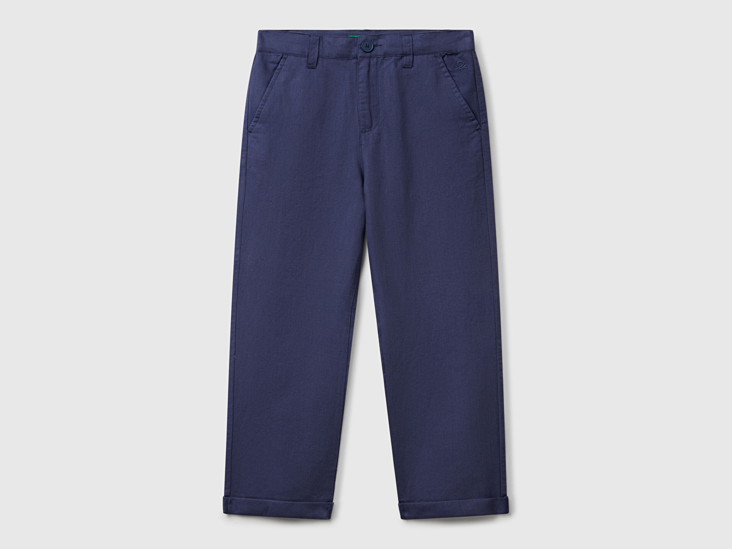 Benetton Erkek Çocuk Lacivert Keten Karışımlı Paçası Kıvrılmış Relax Fit Pantolon