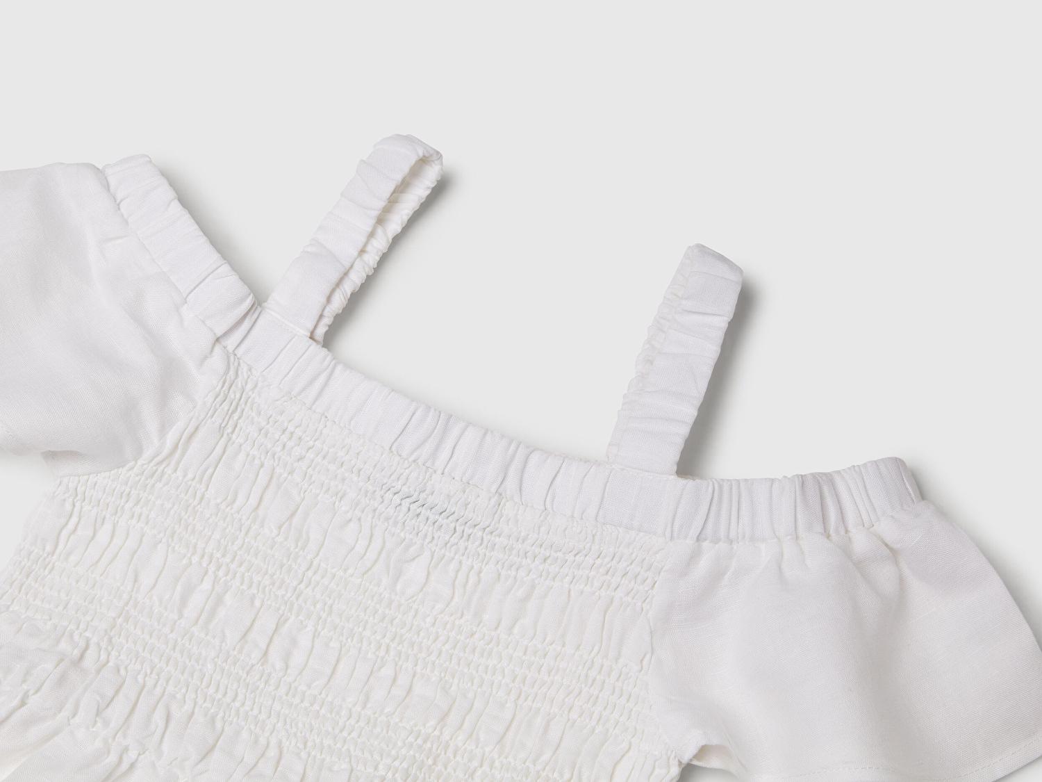 Benetton Kız Çocuk Beyaz Fırfırlı Kısa Kollu Büzgü Detaylı Pileli Elbise
