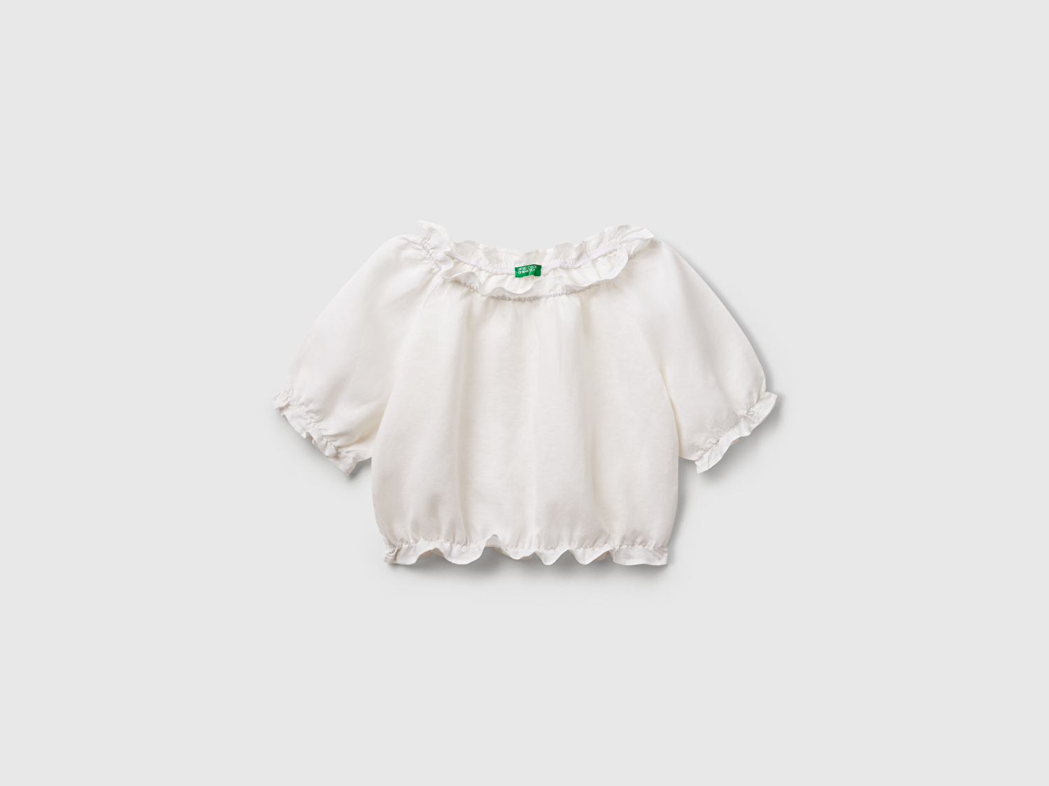 Benetton Kız Çocuk Beyaz Keten Karışımlı Büzgü Dikişli Kısa Kollu Bluz