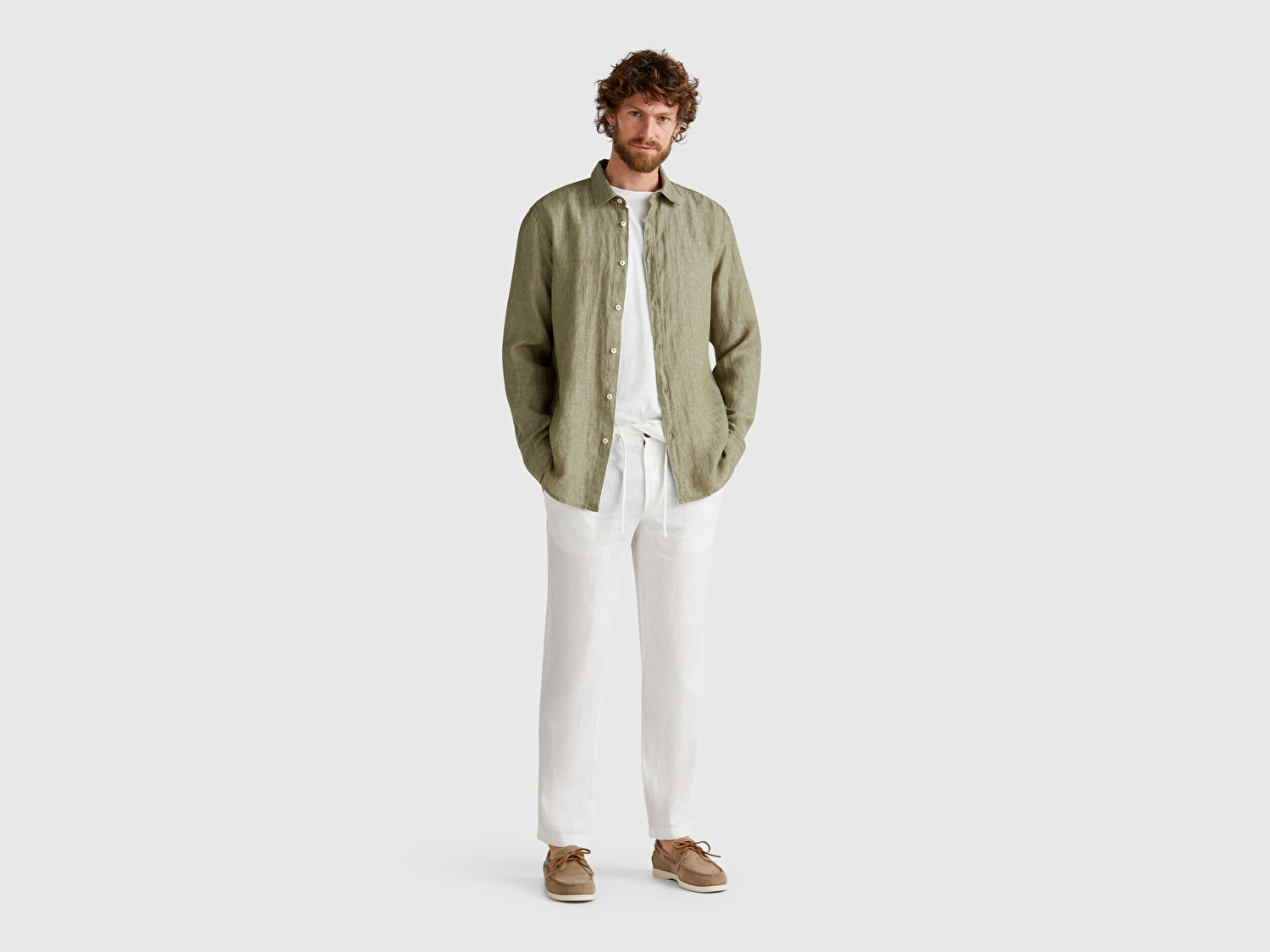 Benetton Erkek Beyaz %100 Keten Beli İpli Pantolon