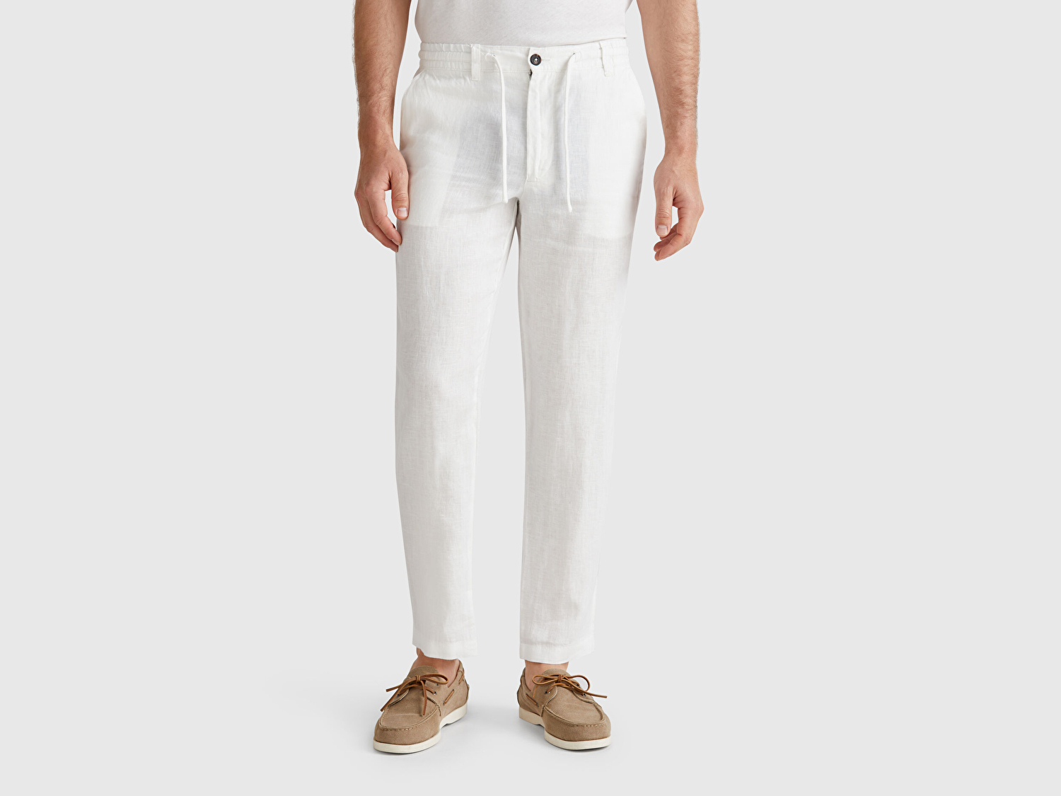 Benetton Erkek Beyaz %100 Keten Beli İpli Pantolon