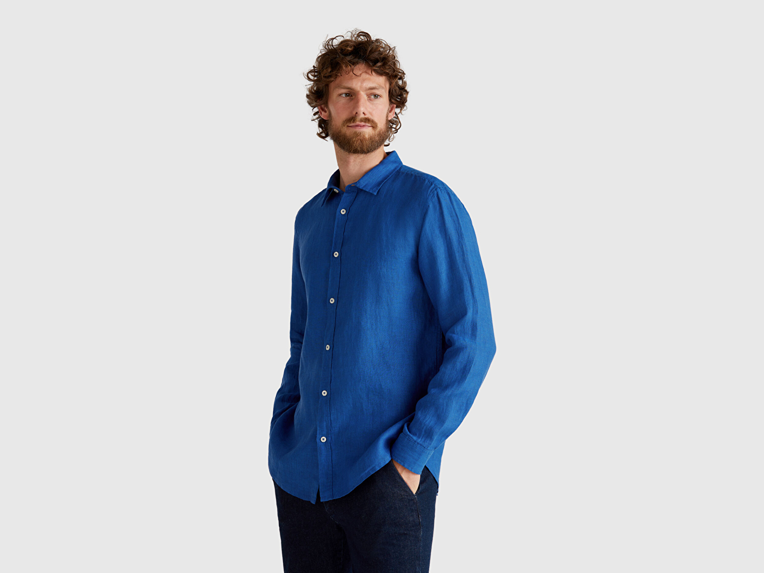 Benetton Erkek İndigo %100 Keten Gömlek