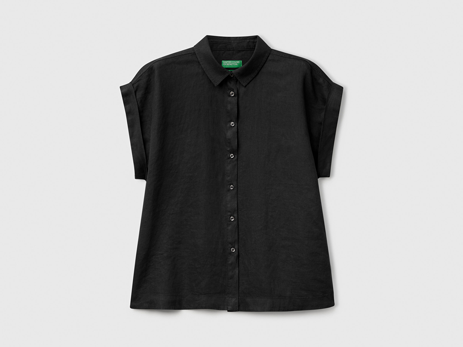 Benetton Kadın Siyah %100 Keten Omuz Detaylı Kısa Kollu Gömlek