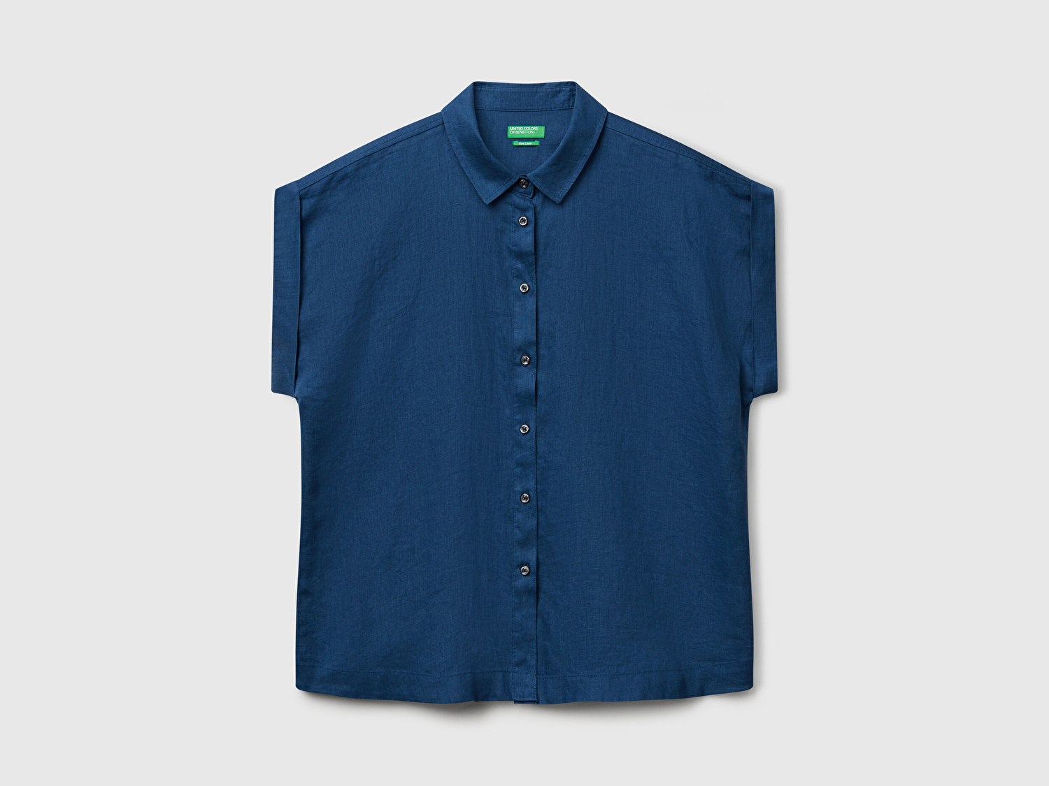 Benetton Kadın Denim %100 Keten Omuz Detaylı Kısa Kollu Gömlek