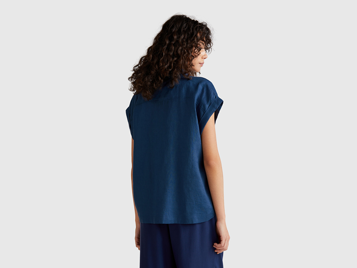 Benetton Kadın Denim %100 Keten Omuz Detaylı Kısa Kollu Gömlek