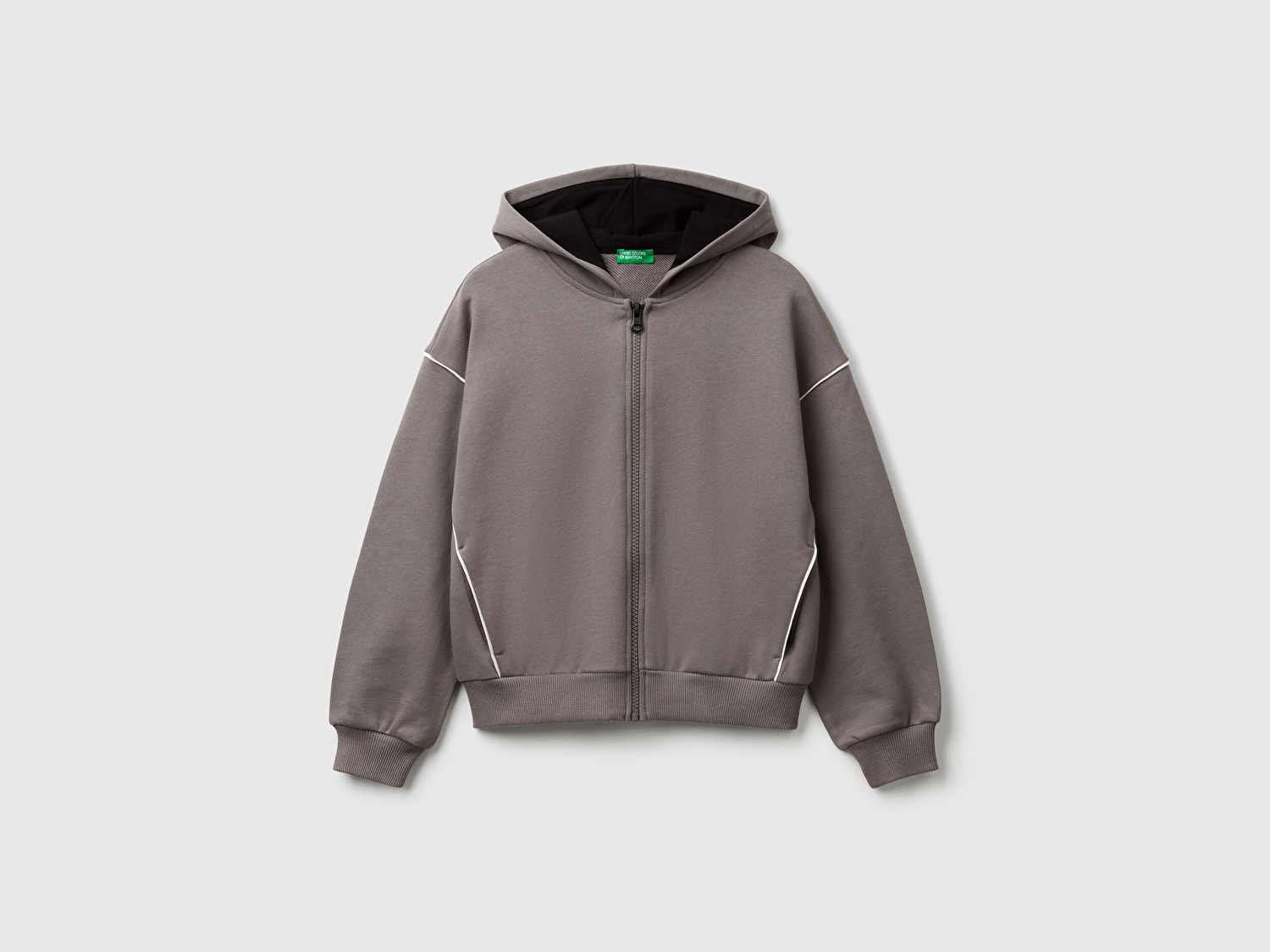 Benetton Kız Çocuk Antrasit Kontrastlı Logo Etiketli Kapüşonlu Fermuarlı Oversize Sweatshirt