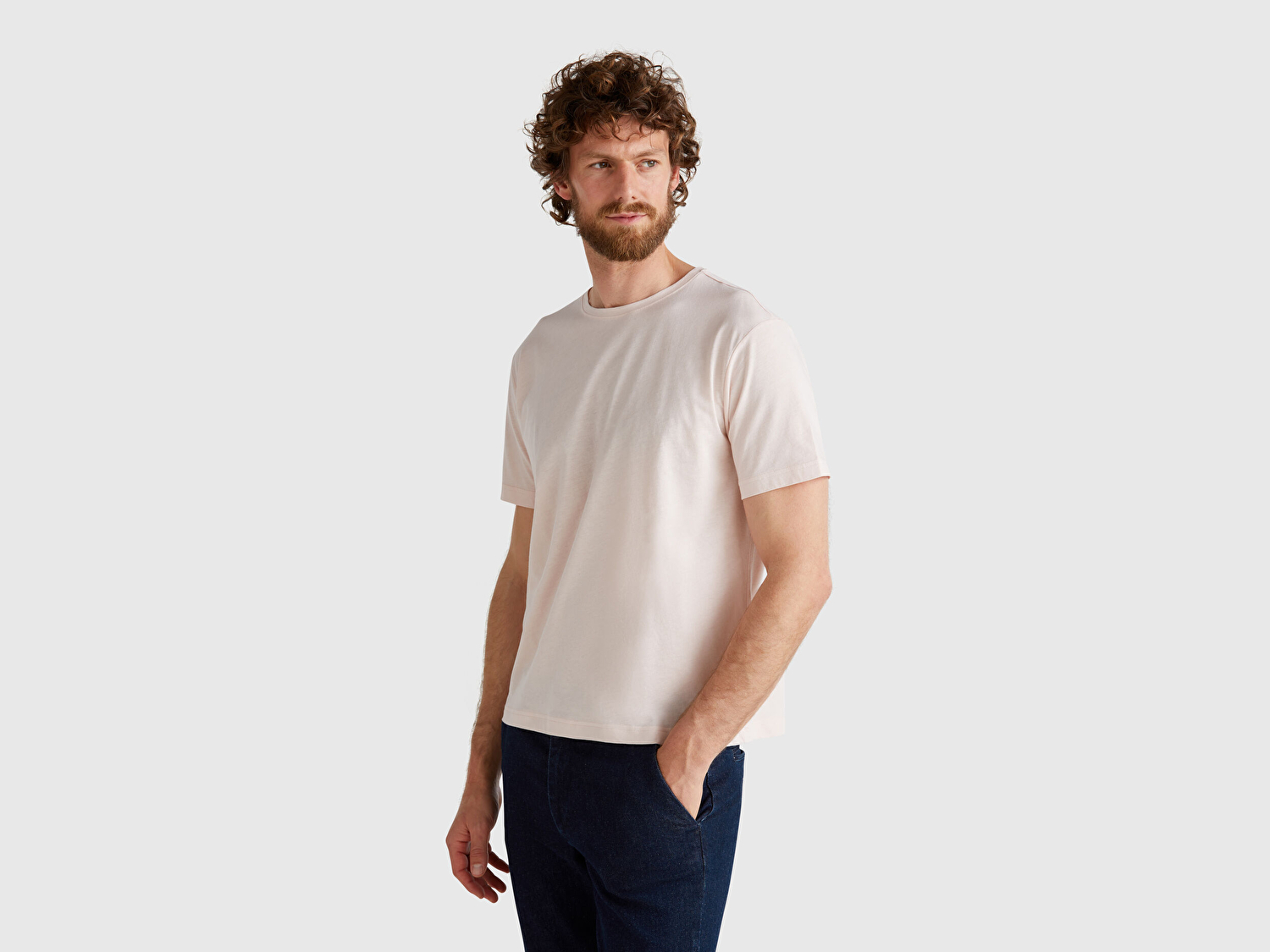 Benetton Erkek Pembe %100 Koton Bisiklet Yaka T-Shirt