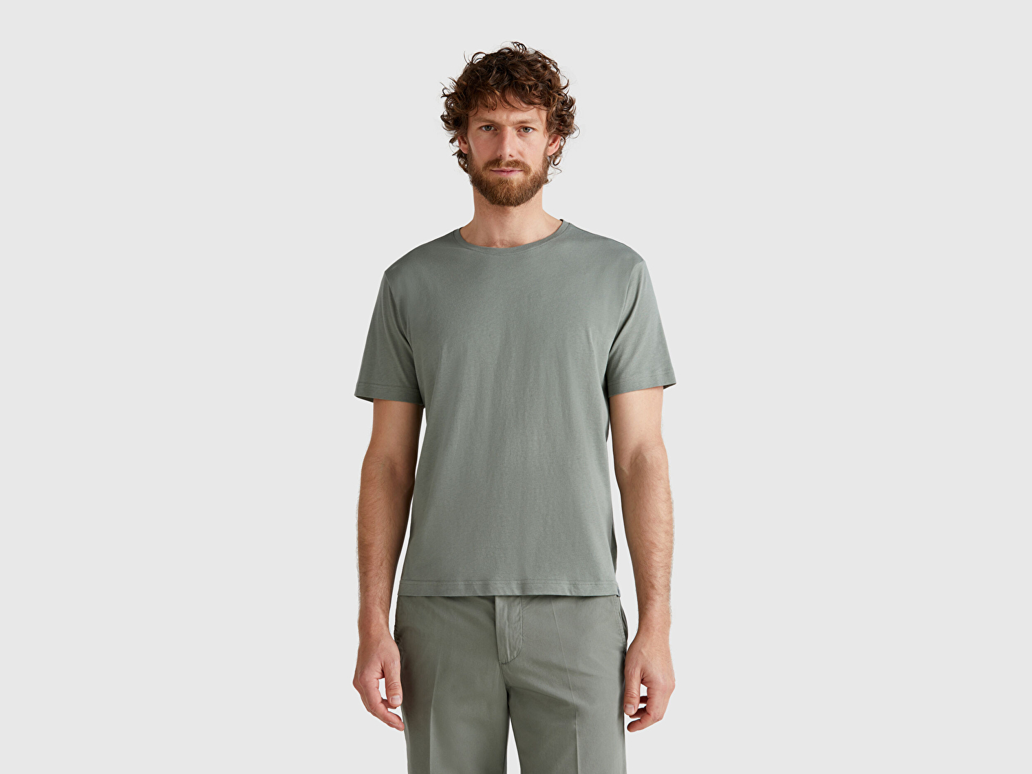 Benetton Erkek Soluk Yeşil %100 Koton Bisiklet Yaka T-Shirt