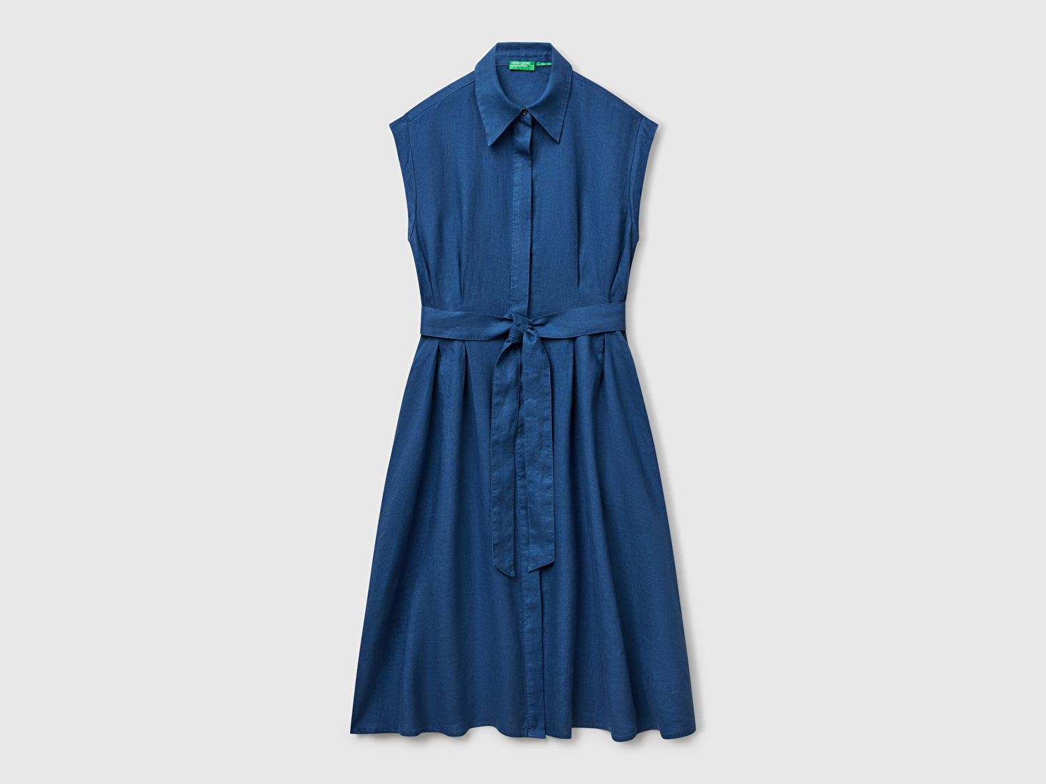 Benetton Kadın Denim %100 Keten Pileli Çıkarılabilir Kuşaklı Gömlek Elbise