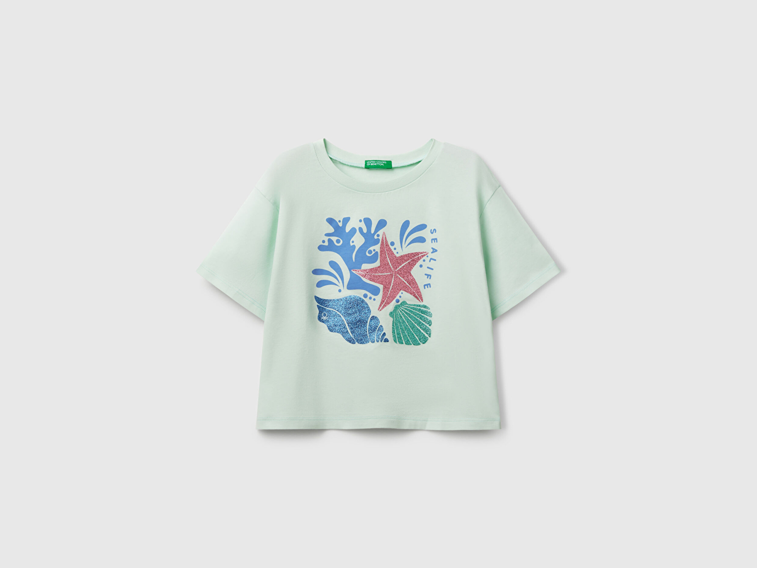 Benetton Kız Çocuk Su Yeşili Parlak Baskılı Bisiklet Yaka T-Shirt