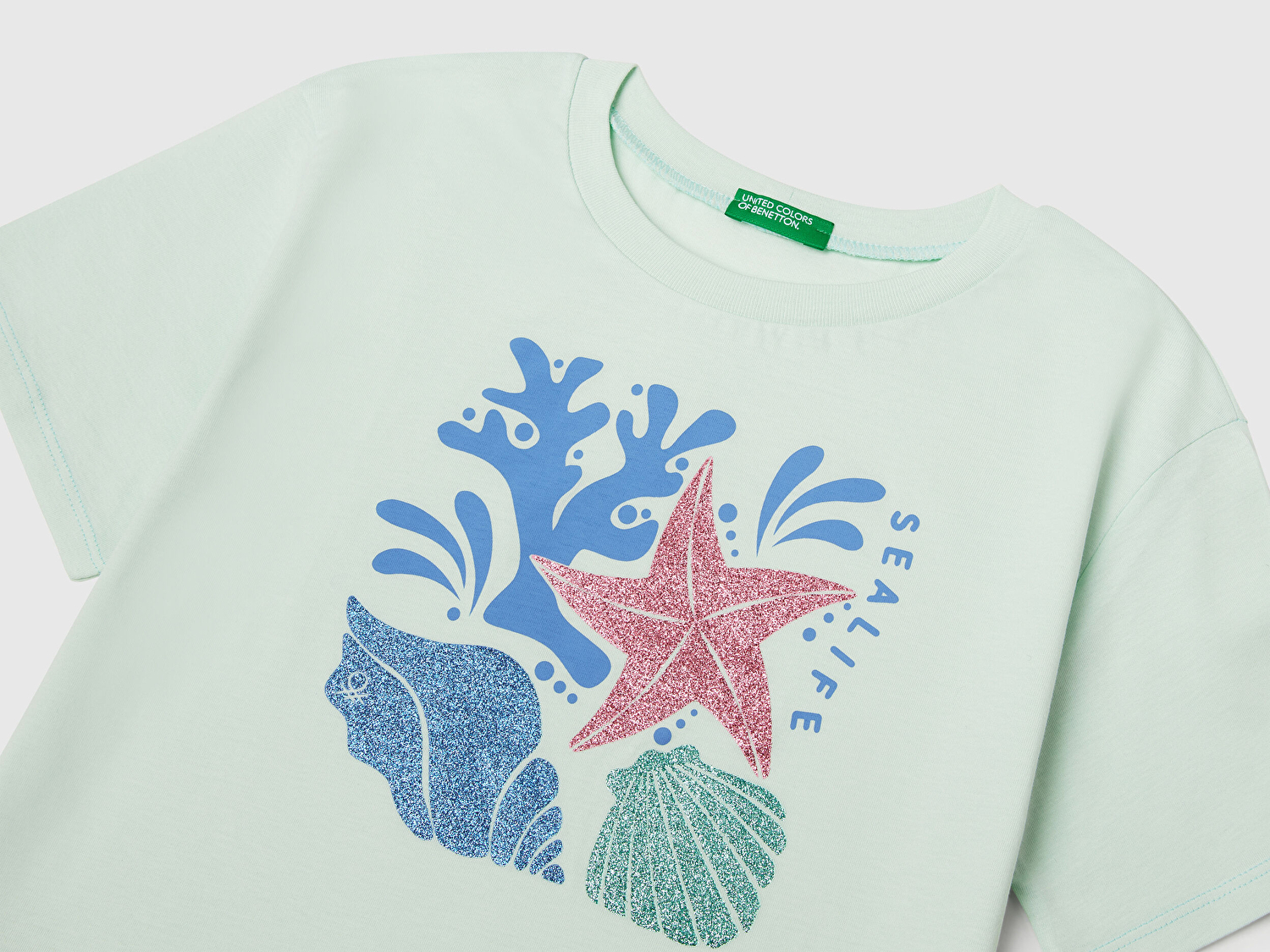 Benetton Kız Çocuk Su Yeşili Parlak Baskılı Bisiklet Yaka T-Shirt