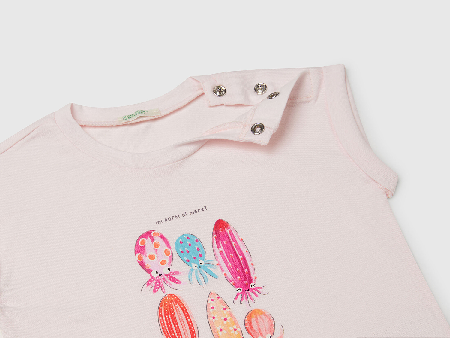 Benetton Bebek Toz Pembe Önü Baskılı Manşetli T-Shirt