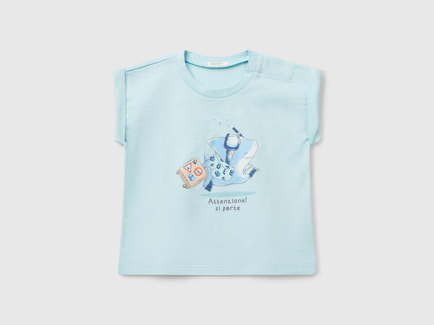 Benetton Bebek Turkuaz Önü Baskılı Manşetli T-Shirt