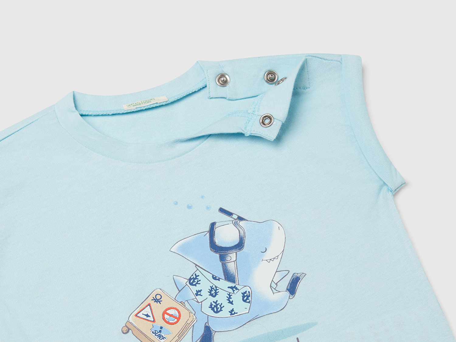 Benetton Bebek Turkuaz Önü Baskılı Manşetli T-Shirt