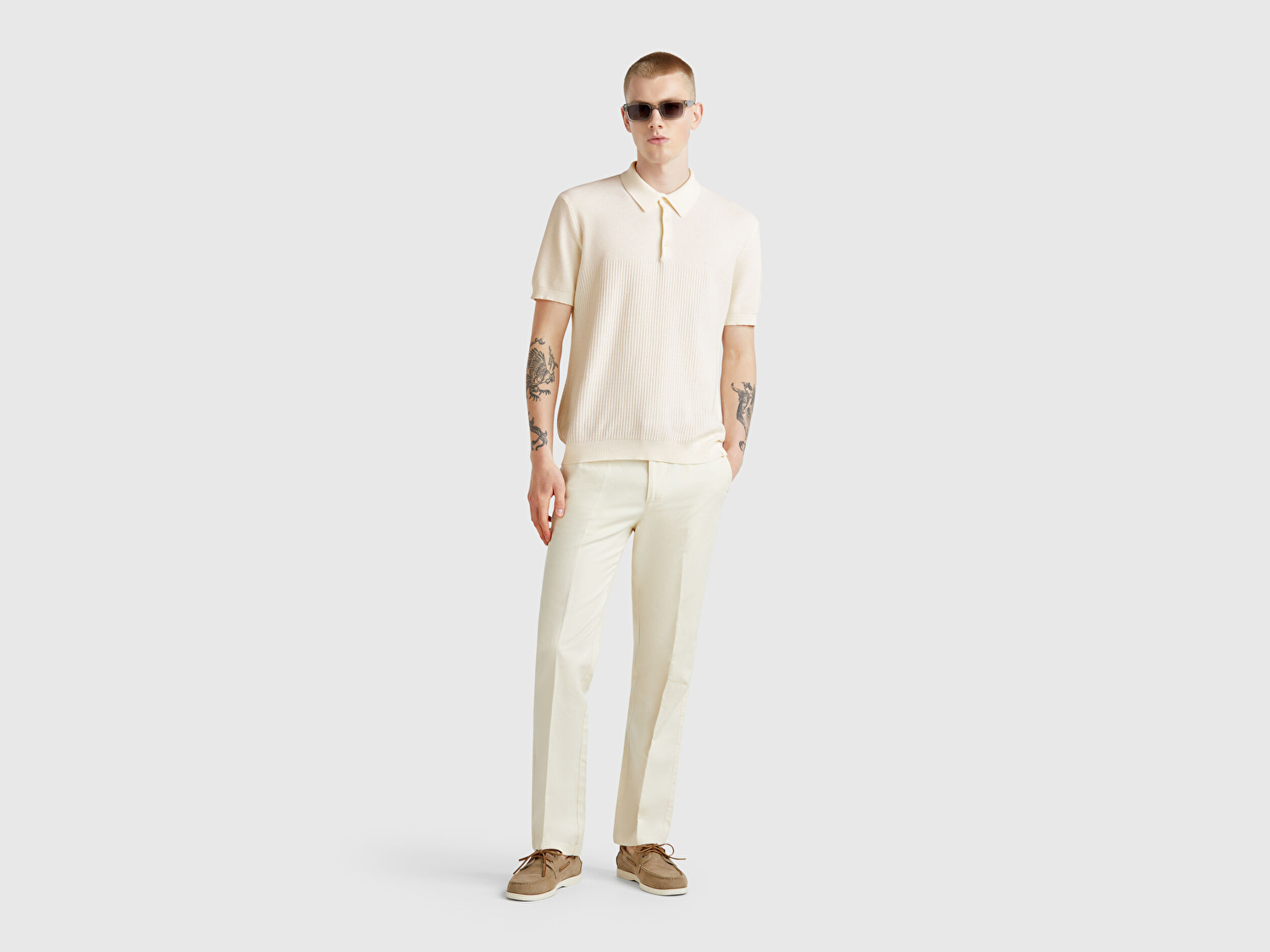 Benetton Erkek Krem %100 Koton Regular Fit Triko Polo Yaka Kazak