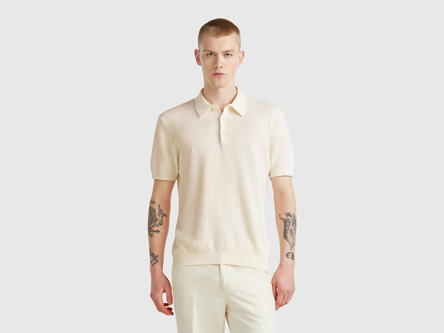 Benetton Erkek Krem %100 Koton Regular Fit Triko Polo Yaka  Kazak