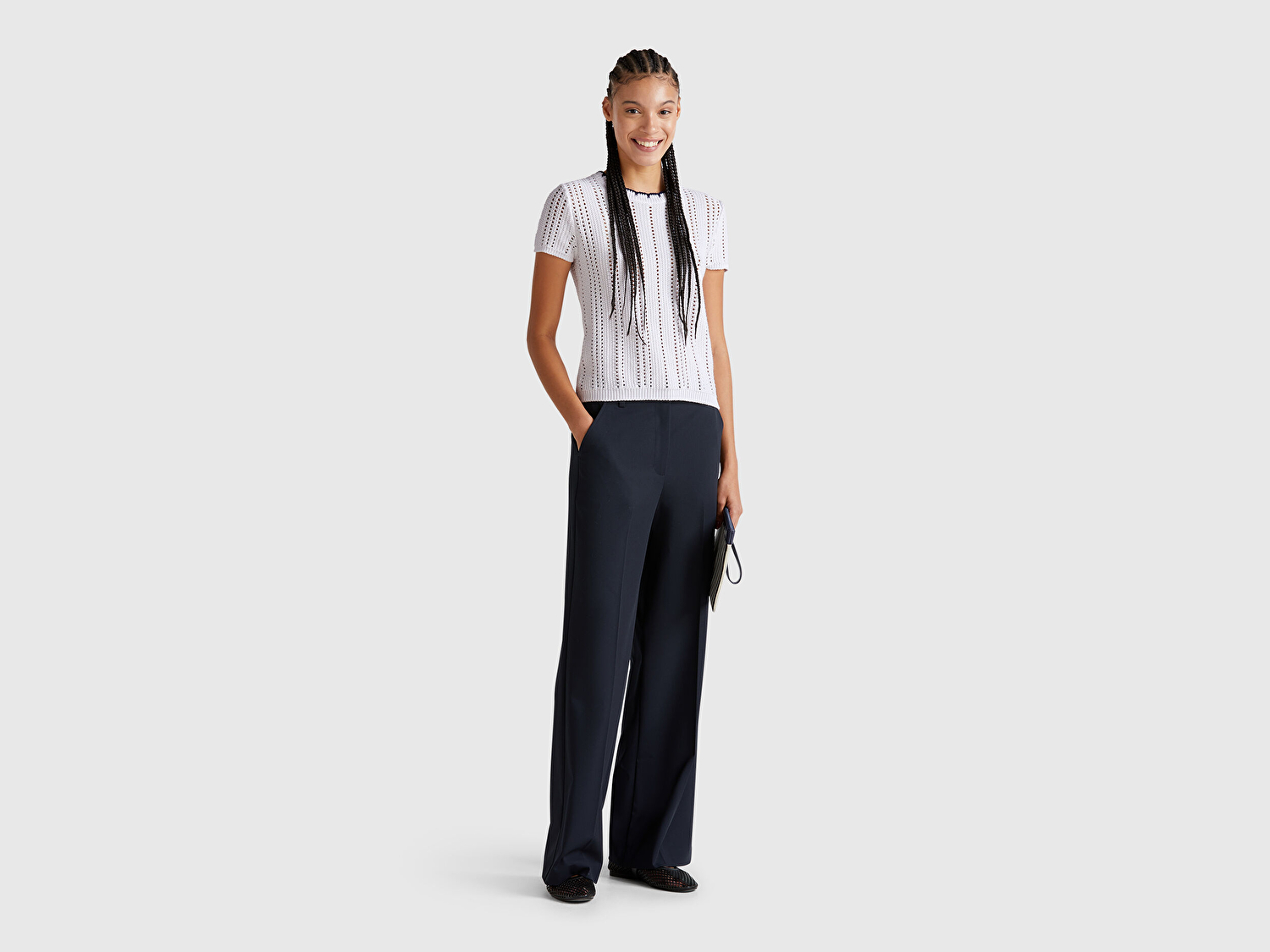 Benetton Kadın Beyaz %100 Koton Slim Fit Kısa Kollu Kazak