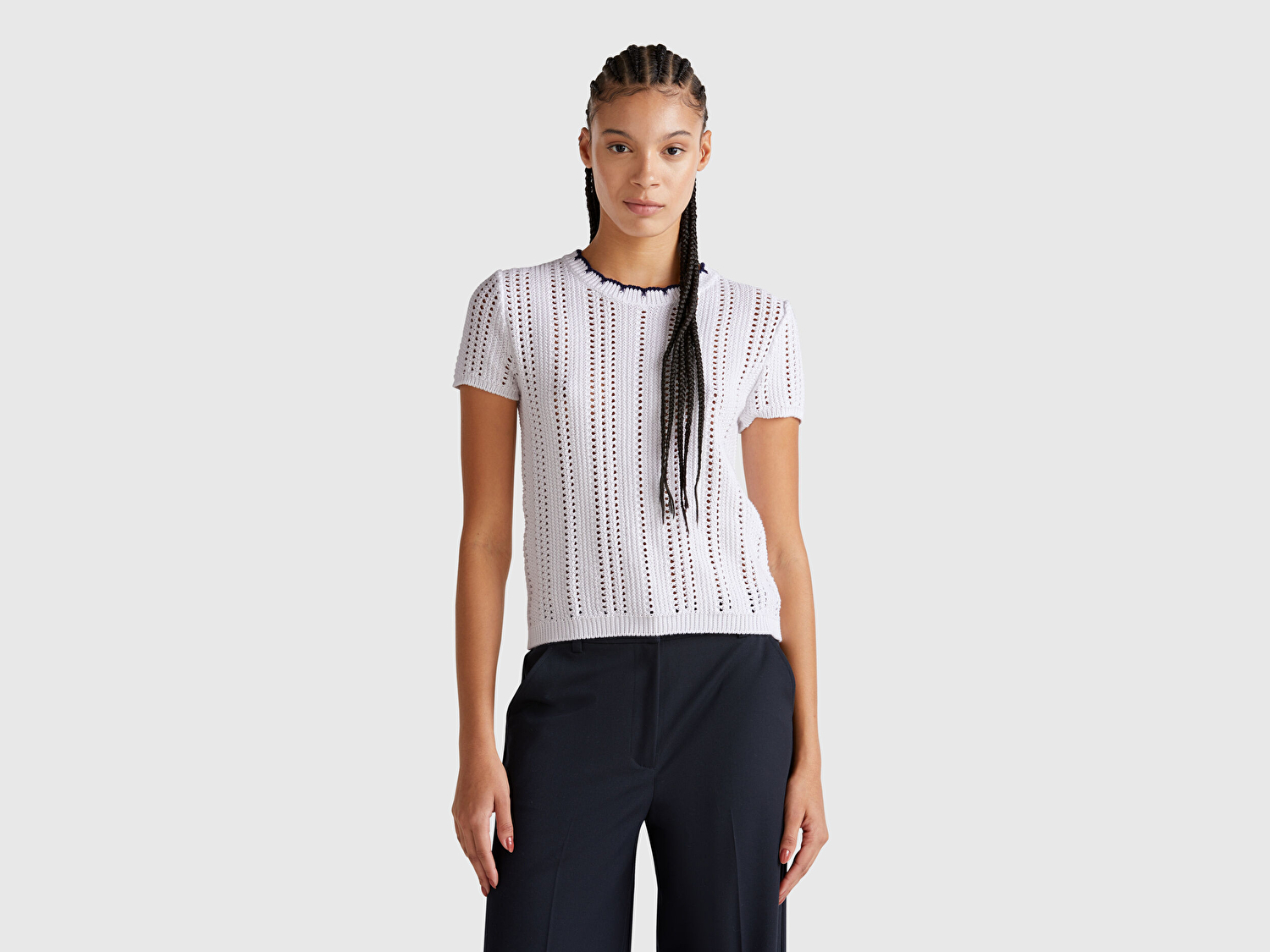 Benetton Kadın Beyaz %100 Koton Slim Fit Kısa Kollu Kazak