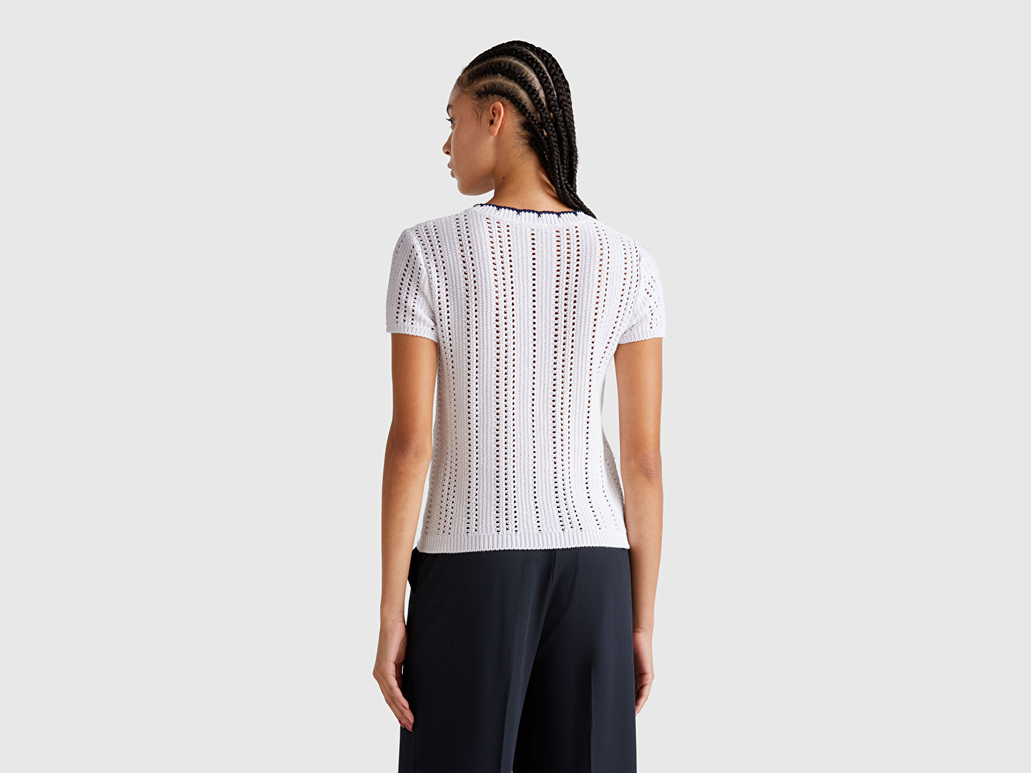 Benetton Kadın Beyaz %100 Koton Slim Fit Kısa Kollu Kazak