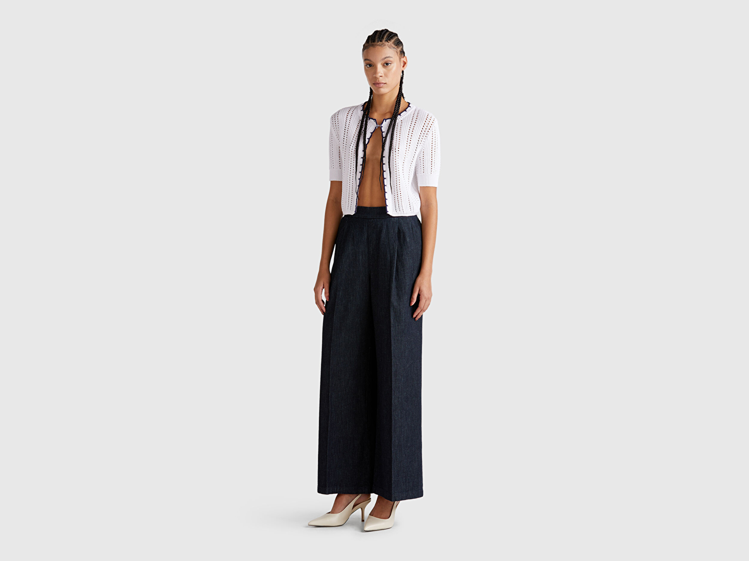 Benetton Kadın Beyaz %100 Koton Slim Fit Kısa Kollu Hırka