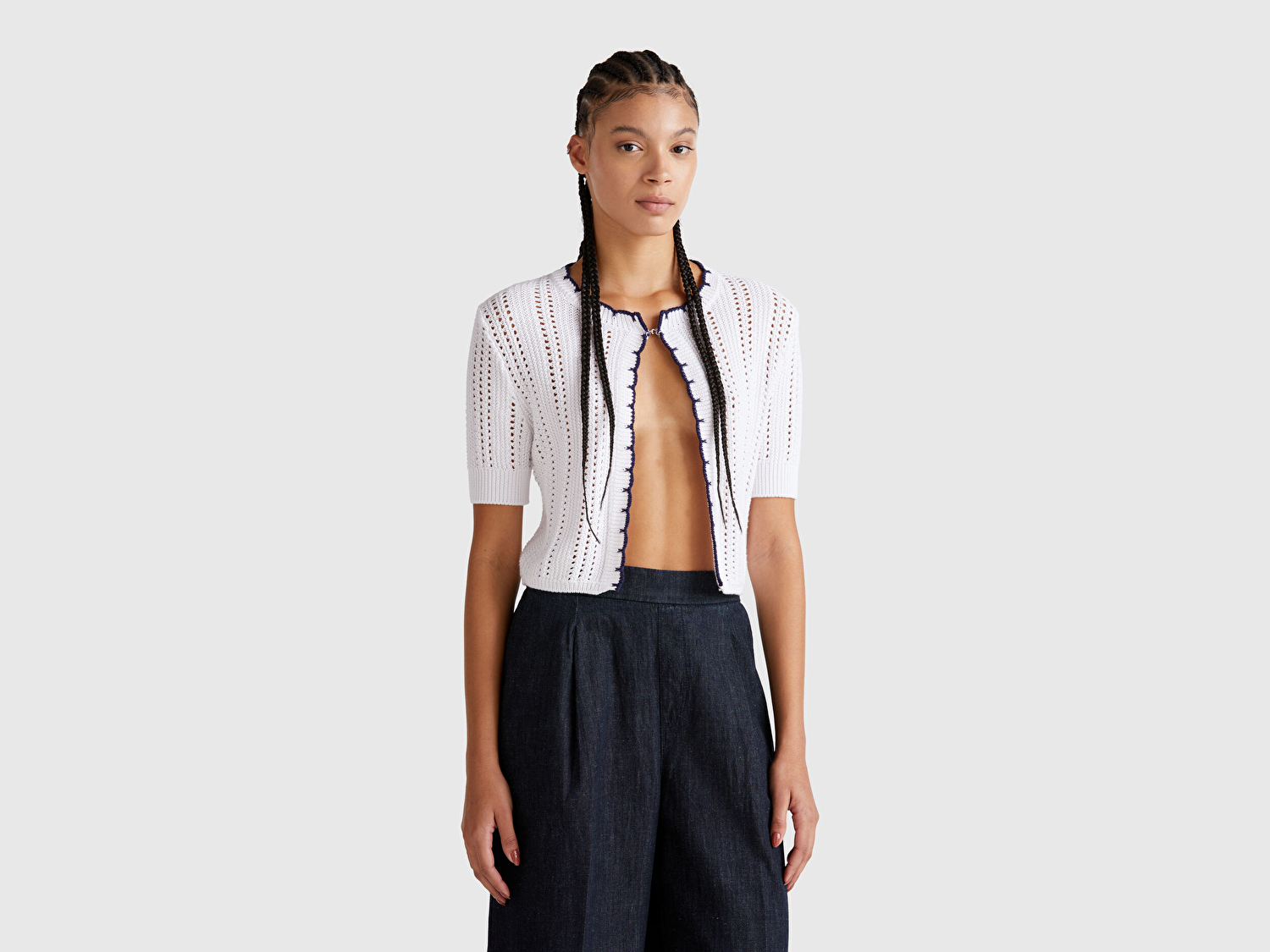 Benetton Kadın Beyaz %100 Koton Slim Fit Kısa Kollu Hırka