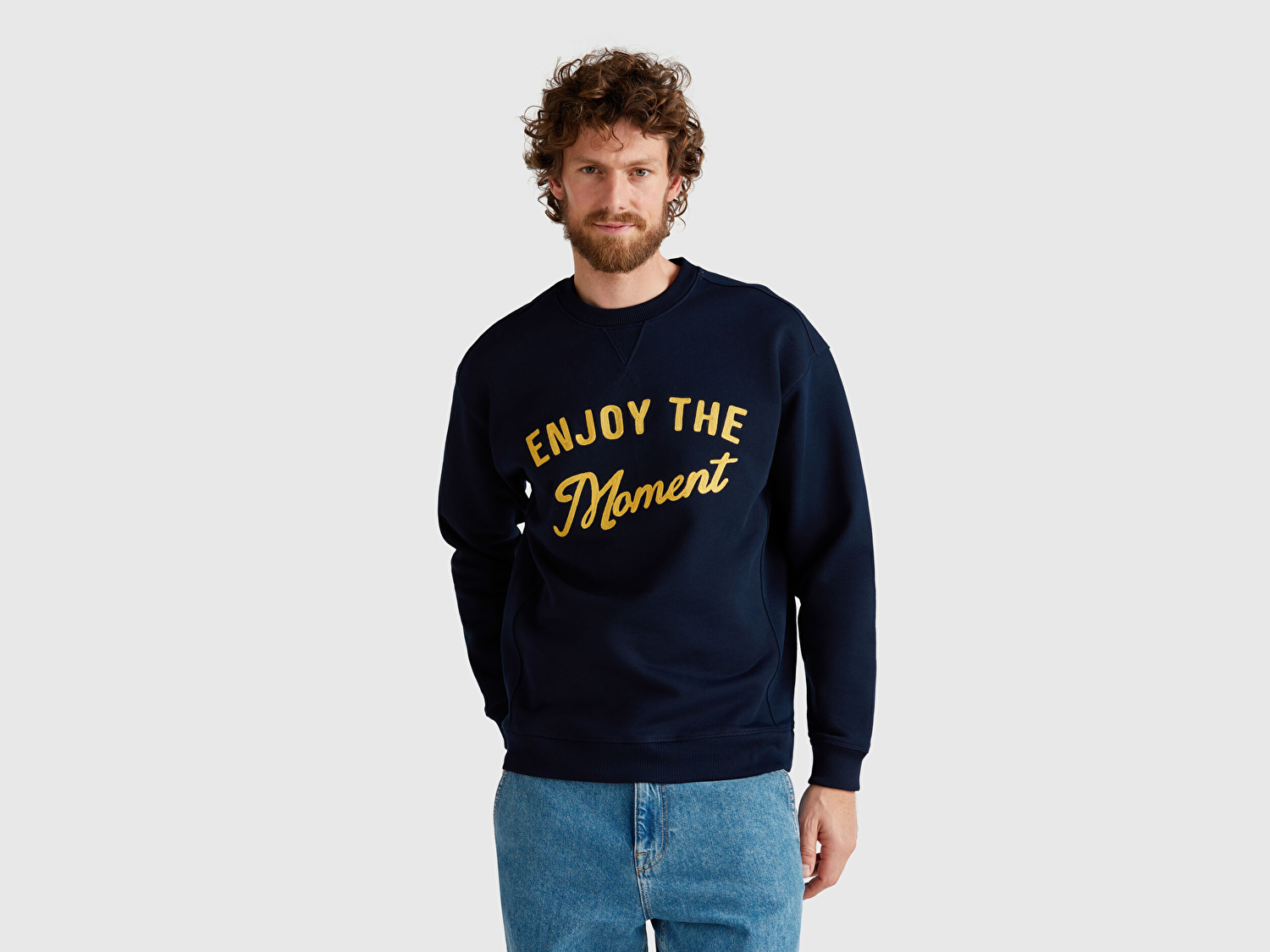 Benetton Erkek Lacivert Pamuk Karışımlı Önü Yazı Baskılı Relax Fit Sweatshirt