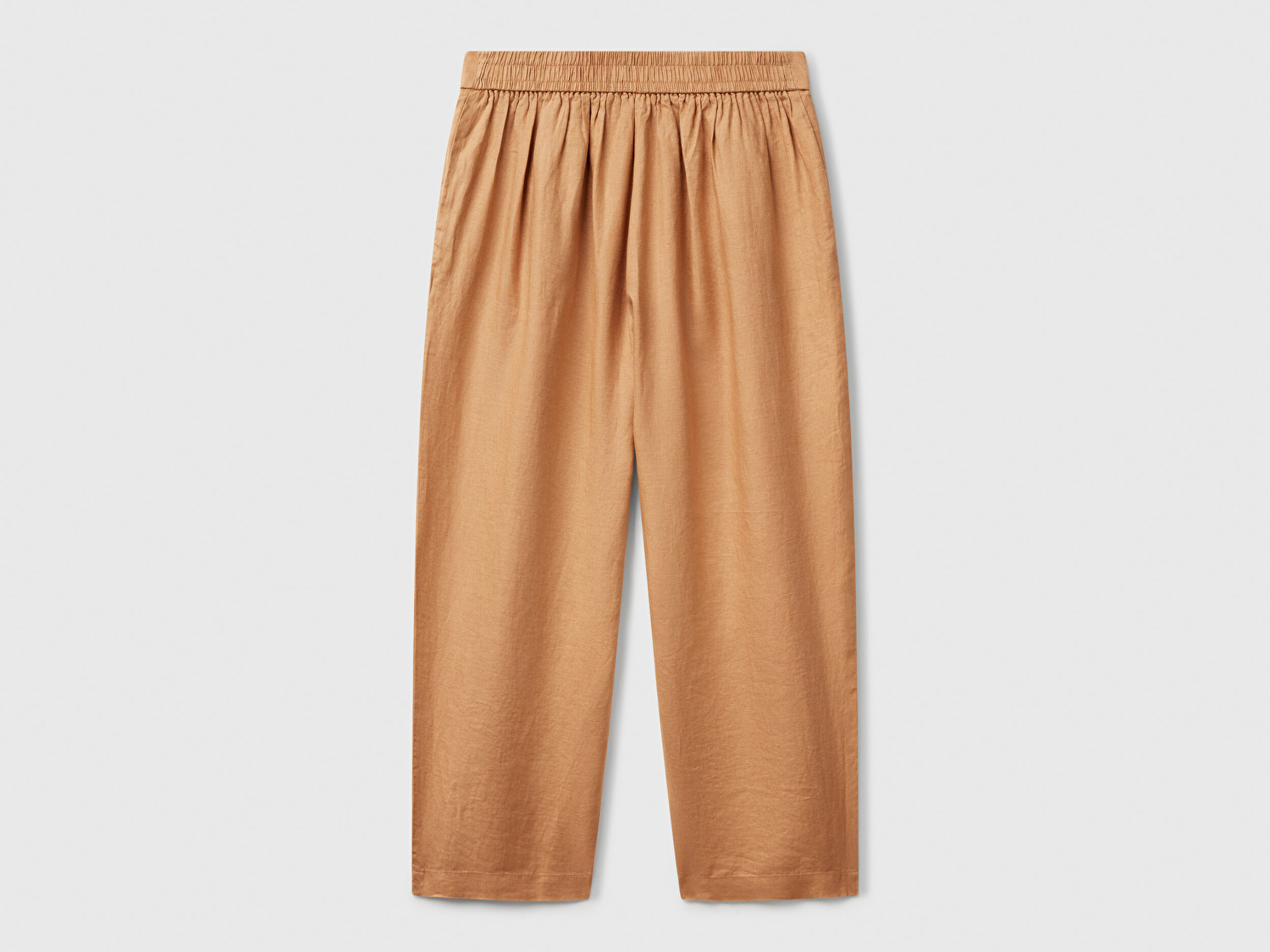 Benetton Kadın Bej %100 Keten Arka Beli Lastikli Paçası Dar Relax Fit Pantolon