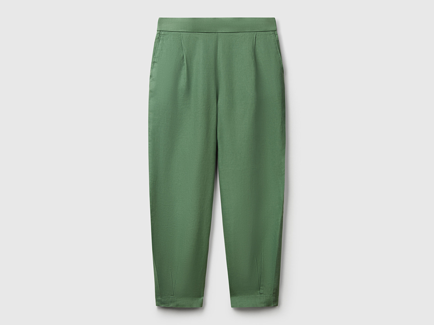 Benetton Kadın Açık Yeşil %100 Keten Arka Beli Lastikli Paçası Dar Relax Fit Pantolon