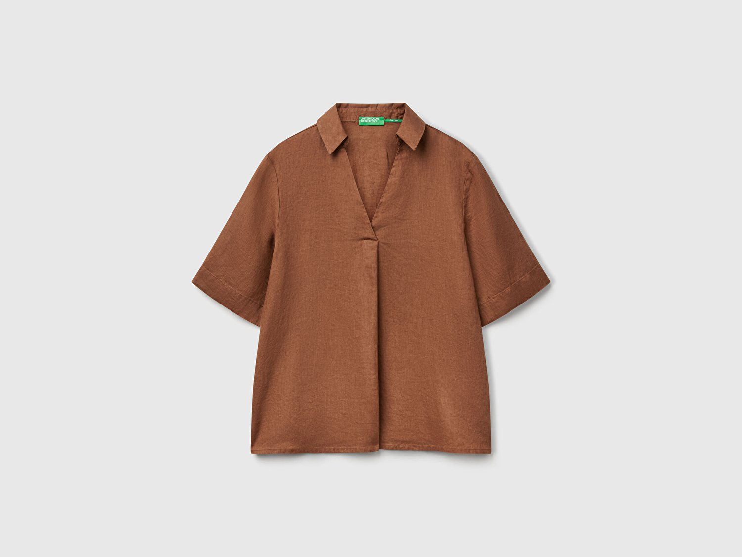 Benetton Kadın Kahverengi %100 Keten Relax Fit V Gömlek Yakalı Kısa Kollu Bluz