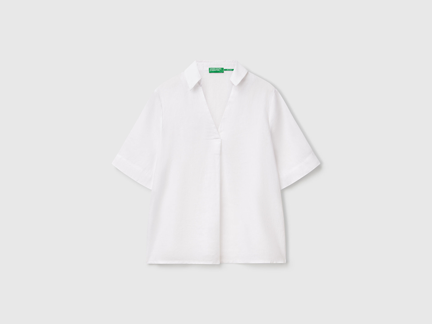 Benetton Kadın Beyaz %100 Keten Relax Fit V Gömlek Yakalı Kısa Kollu Bluz