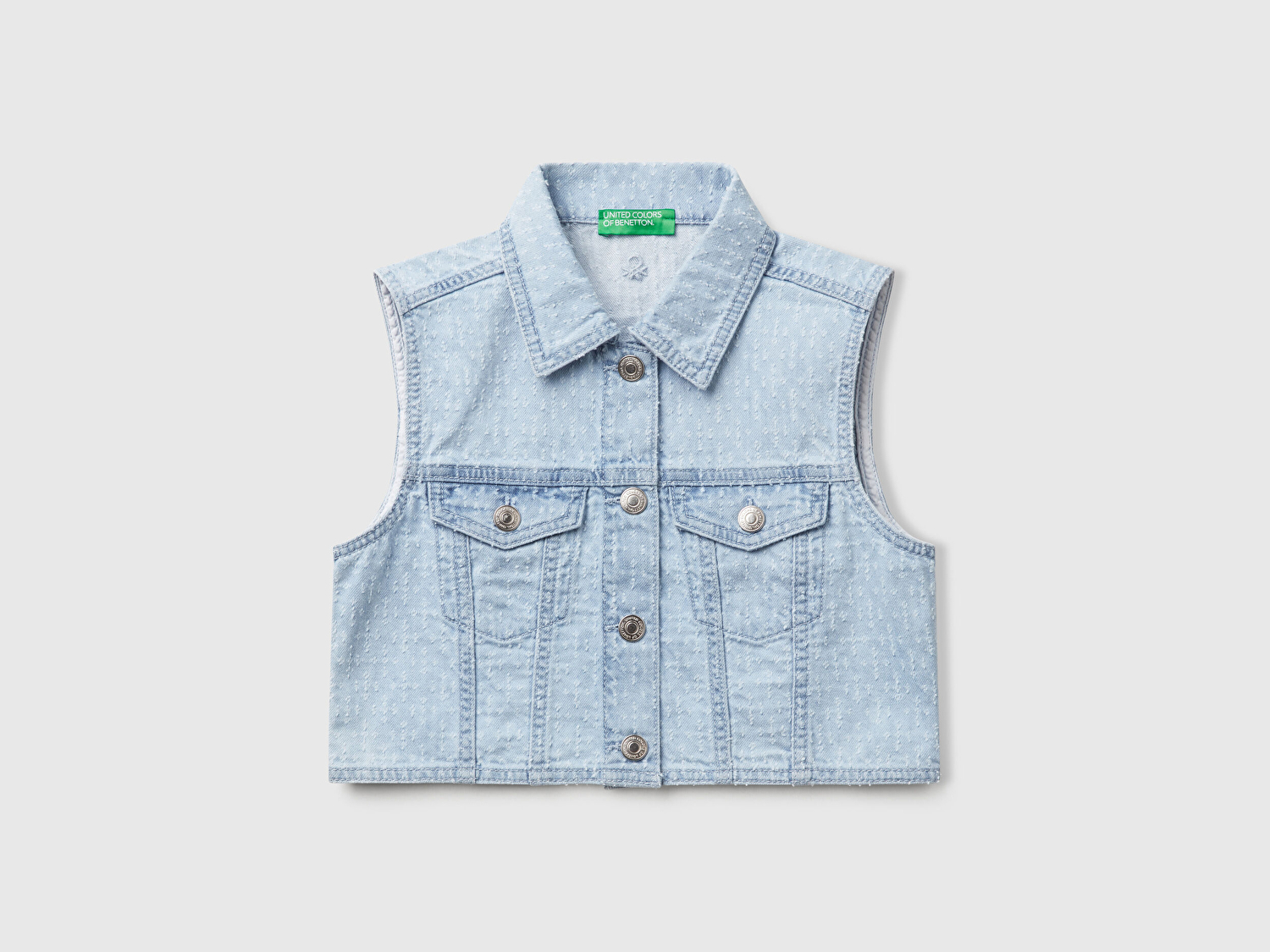 Benetton Kız Çocuk Denim Logo İşleme Detaylı Düğmeli Önü Cepli Denim Yelek