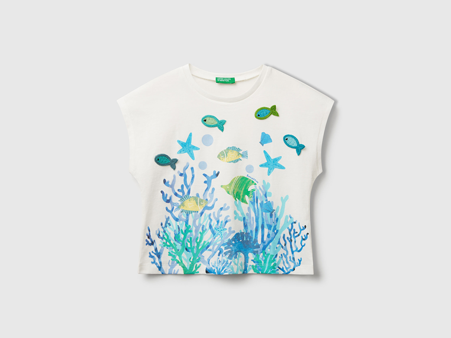Benetton Kız Bebek Beyaz Kroşe Detaylı Kimono Kollu T-Shirt