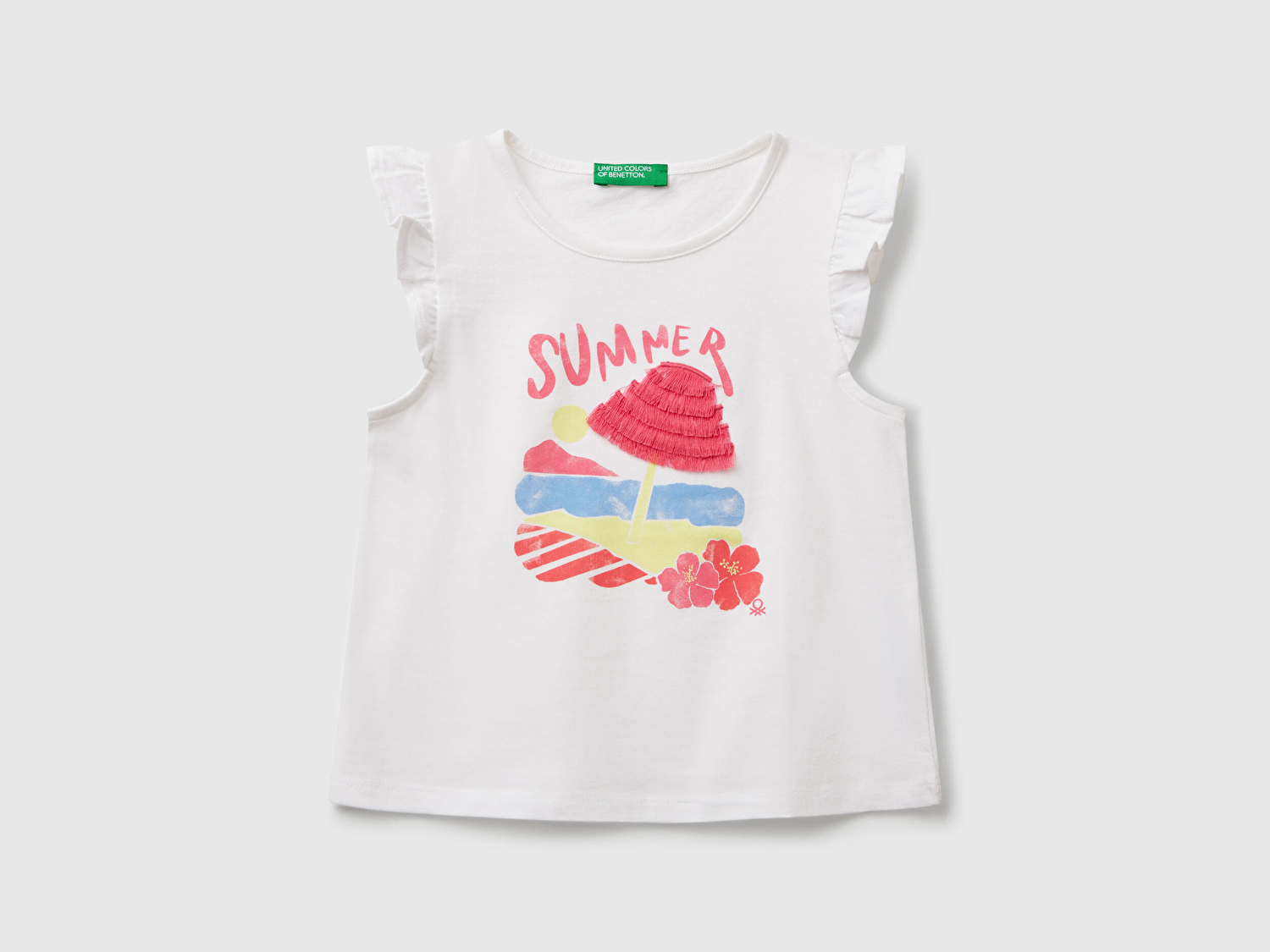 Benetton Kız Bebek Beyaz Mix Önü Baskılı Pile Kollu T-Shirt