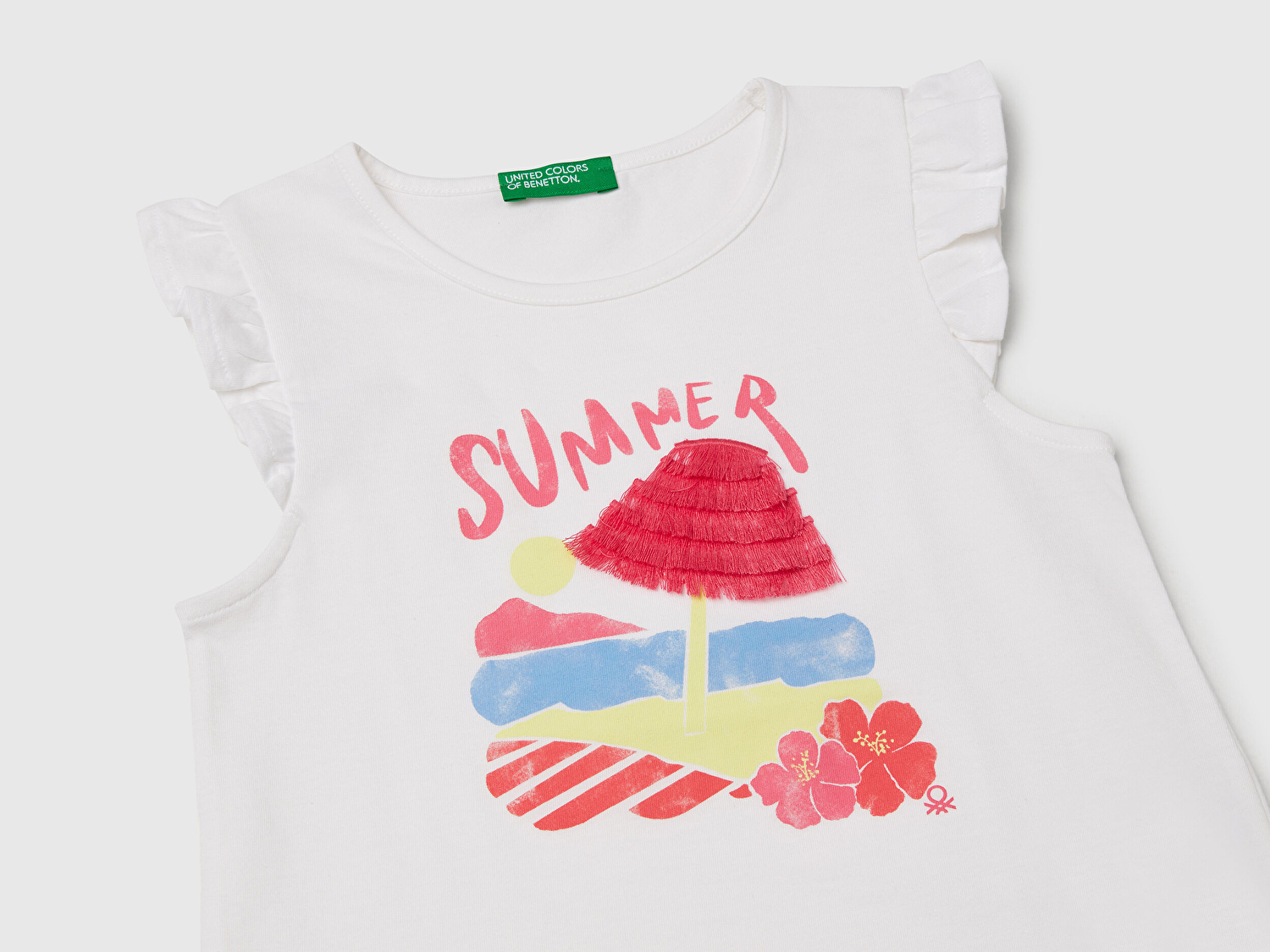 Benetton Kız Bebek Beyaz Mix Önü Baskılı Pile Kollu T-Shirt