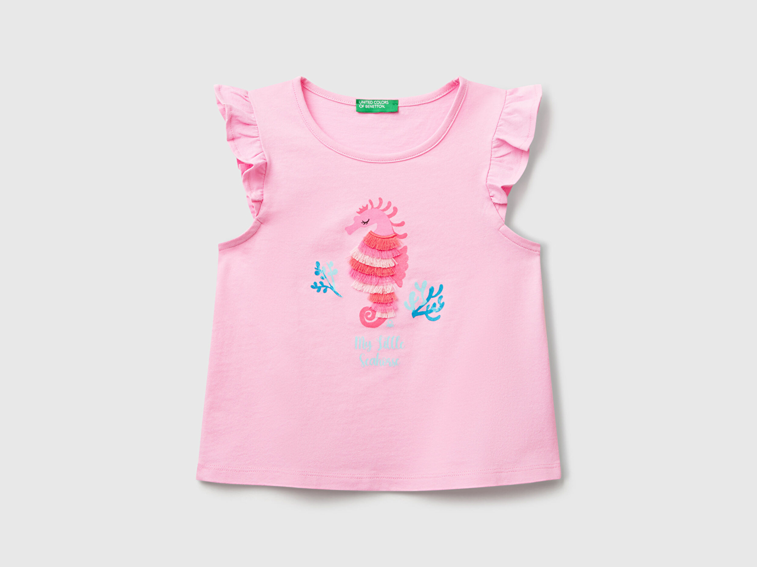 Benetton Kız Bebek Pembe Önü Baskılı Pile Kollu T-Shirt