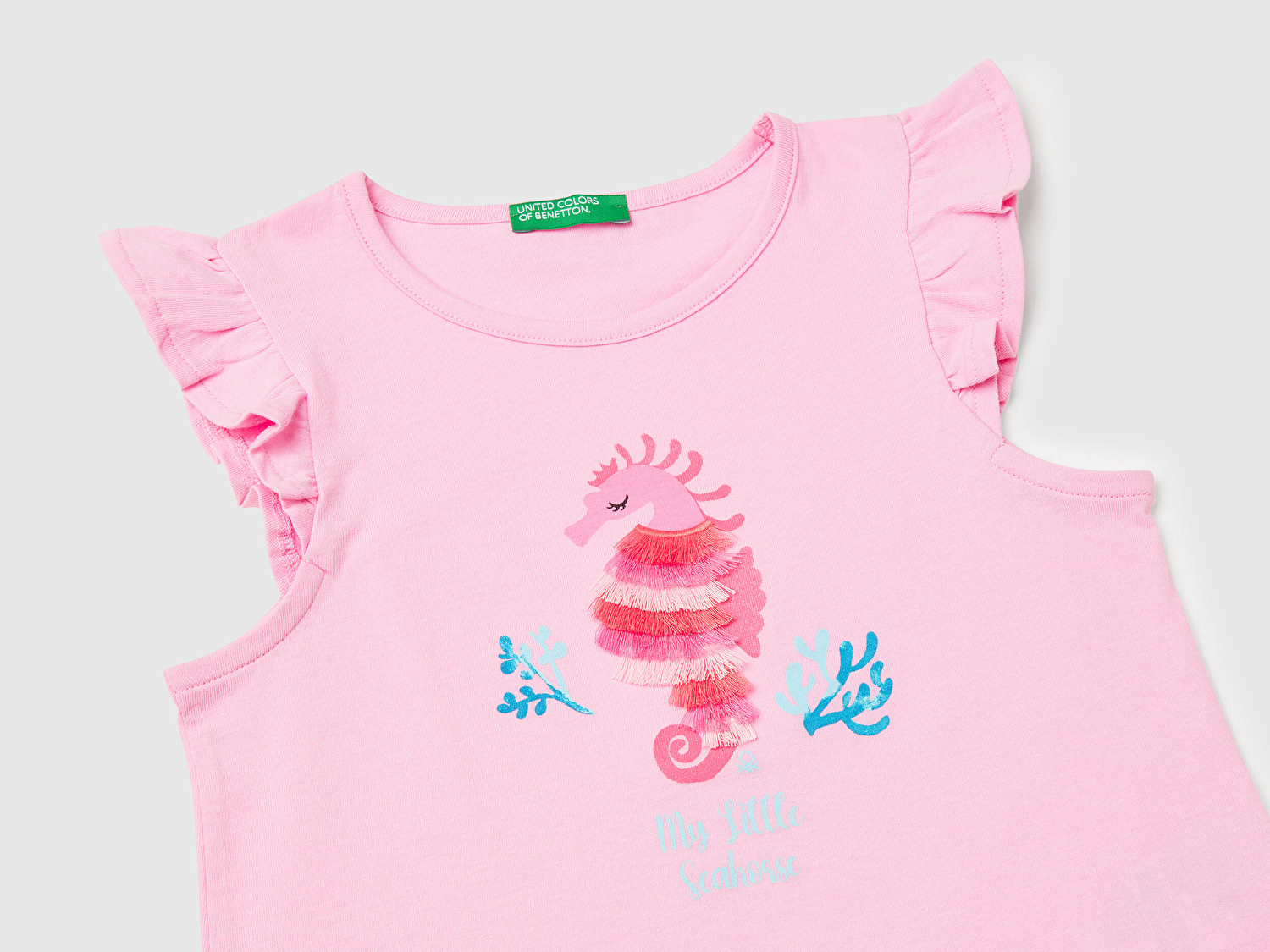 Benetton Kız Bebek Pembe Önü Baskılı Pile Kollu T-Shirt