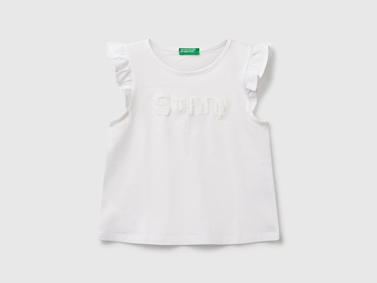 Benetton Kız Bebek Beyaz Önü Baskılı Pile Kollu T-Shirt
