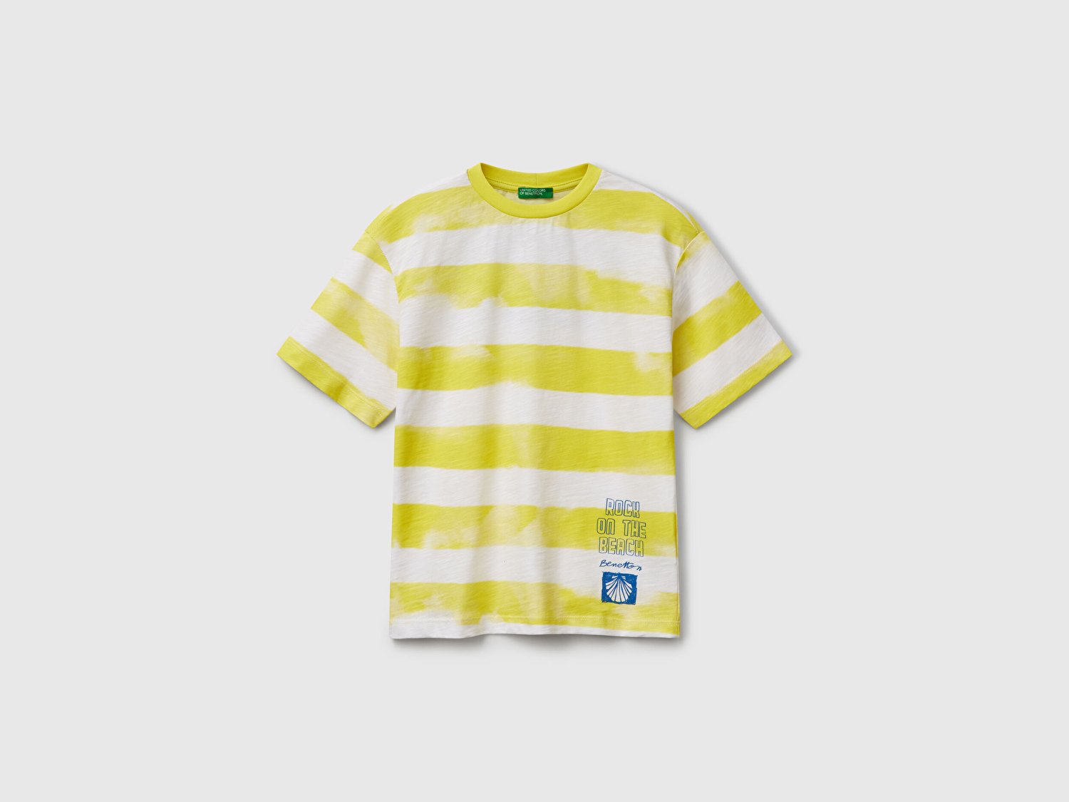 Benetton Erkek Çocuk Sarı Baskılı Fırça Darbesi Çizgili Bisiklet Yaka Oversize T-Shirt