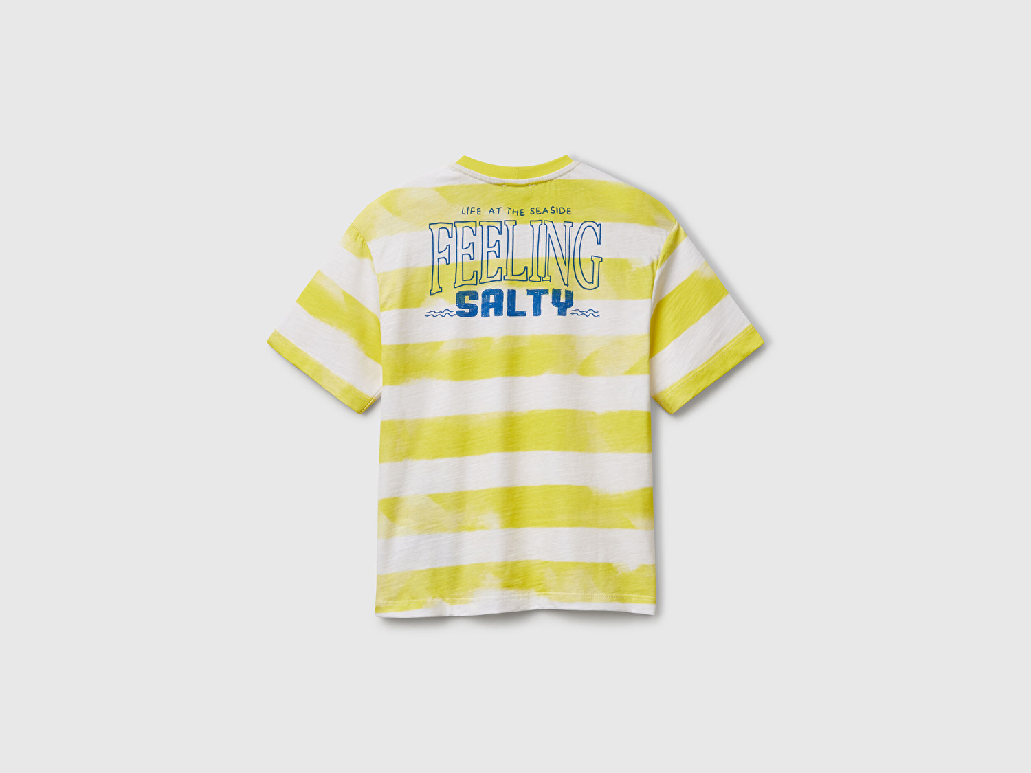 Benetton Erkek Çocuk Sarı Baskılı Fırça Darbesi Çizgili Bisiklet Yaka Oversize T-Shirt