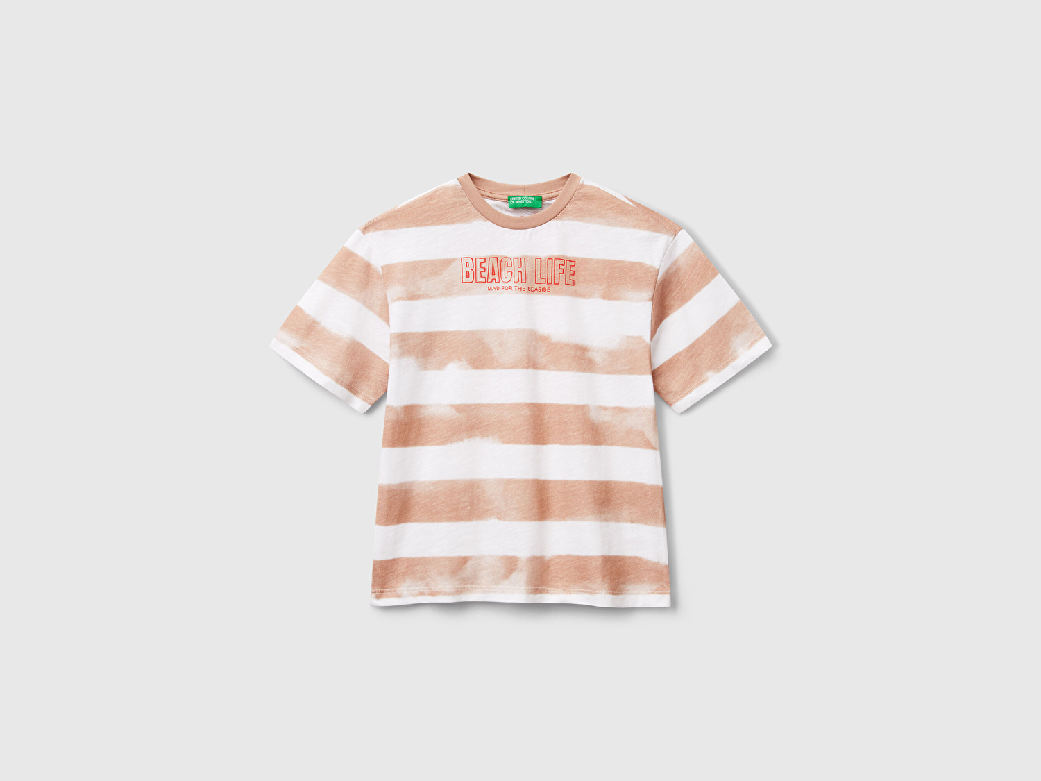 Benetton Erkek Çocuk Koyu Bej Baskılı Fırça Darbesi Çizgili Bisiklet Yaka Oversize T-Shirt