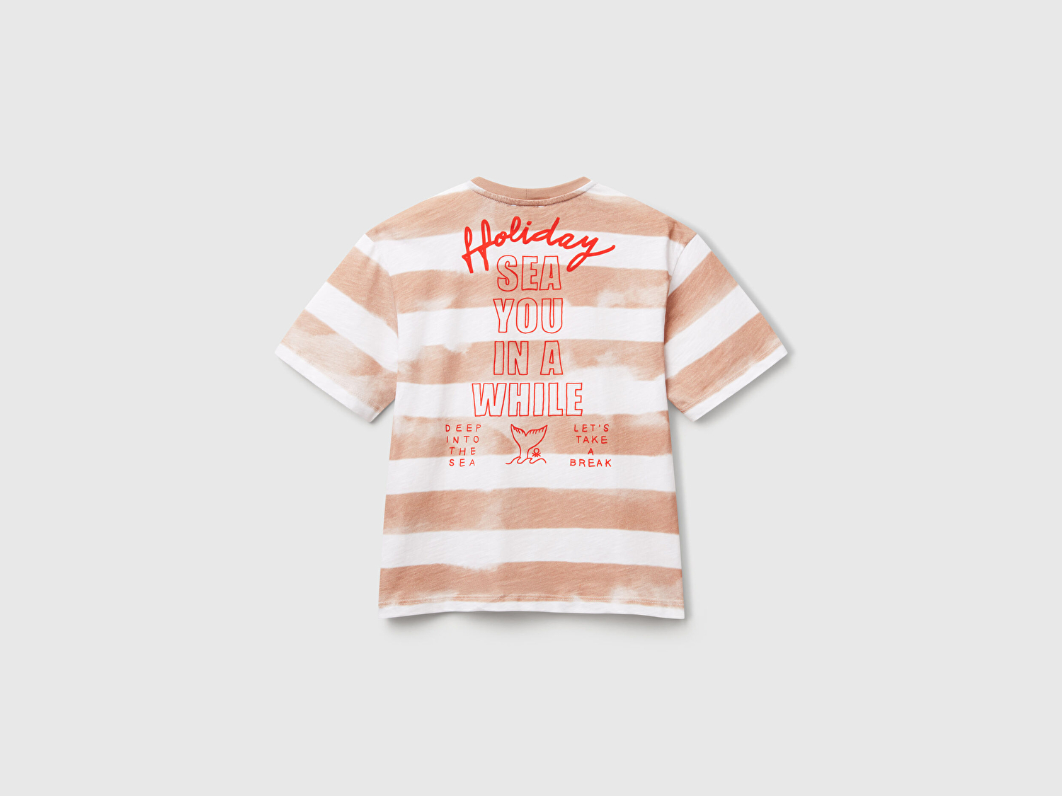 Benetton Erkek Çocuk Koyu Bej Baskılı Fırça Darbesi Çizgili Bisiklet Yaka Oversize T-Shirt