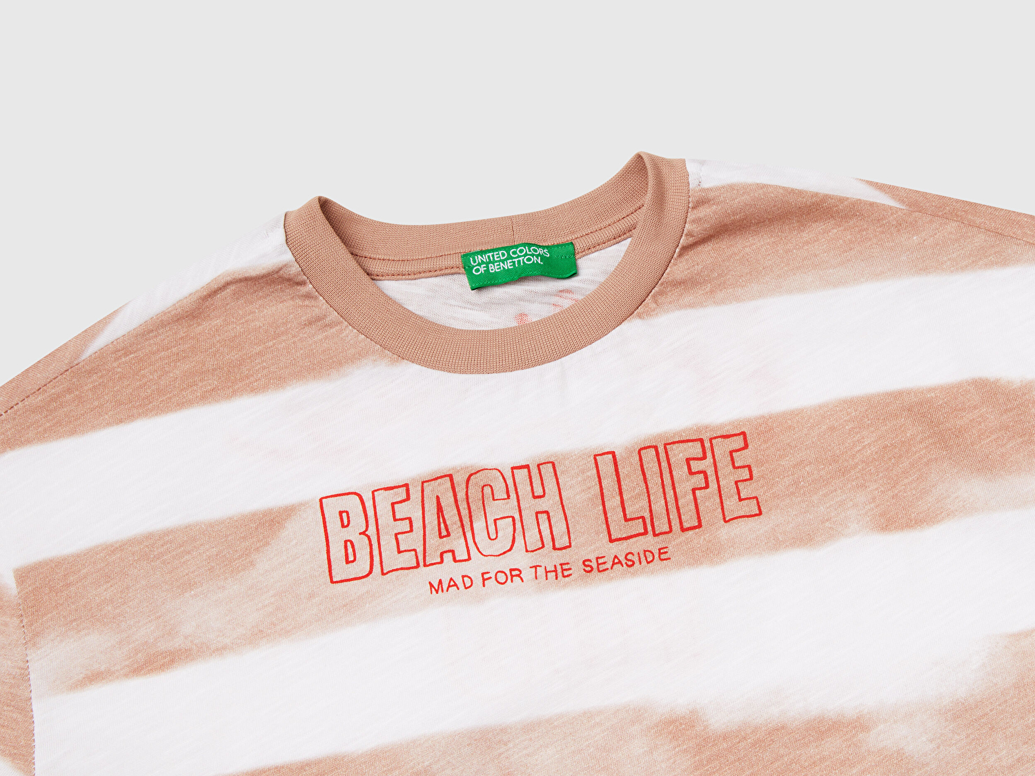 Benetton Erkek Çocuk Koyu Bej Baskılı Fırça Darbesi Çizgili Bisiklet Yaka Oversize T-Shirt