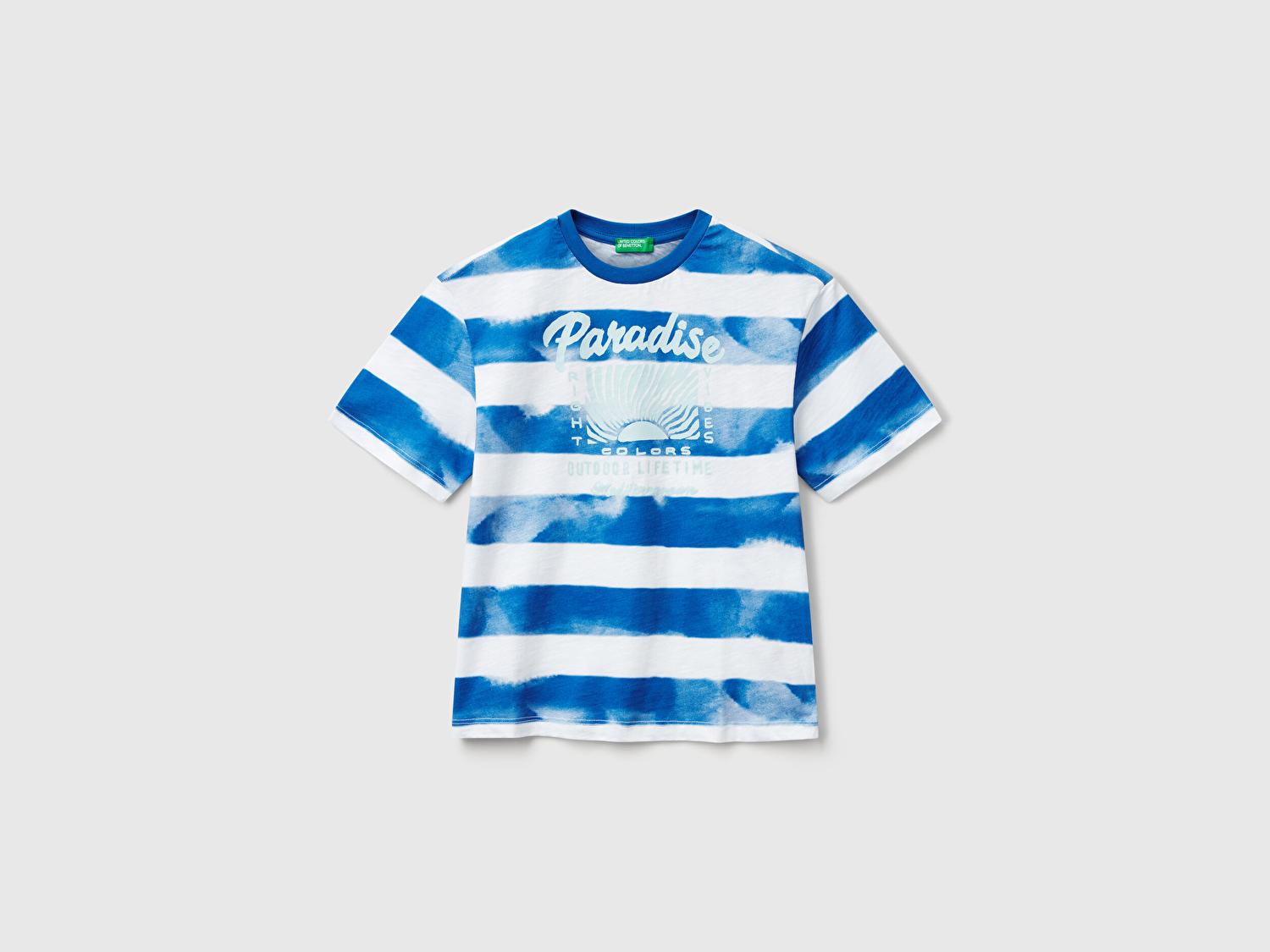 Benetton Erkek Çocuk Saks Mavi Baskılı Fırça Darbesi Çizgili Bisiklet Yaka Oversize T-Shirt