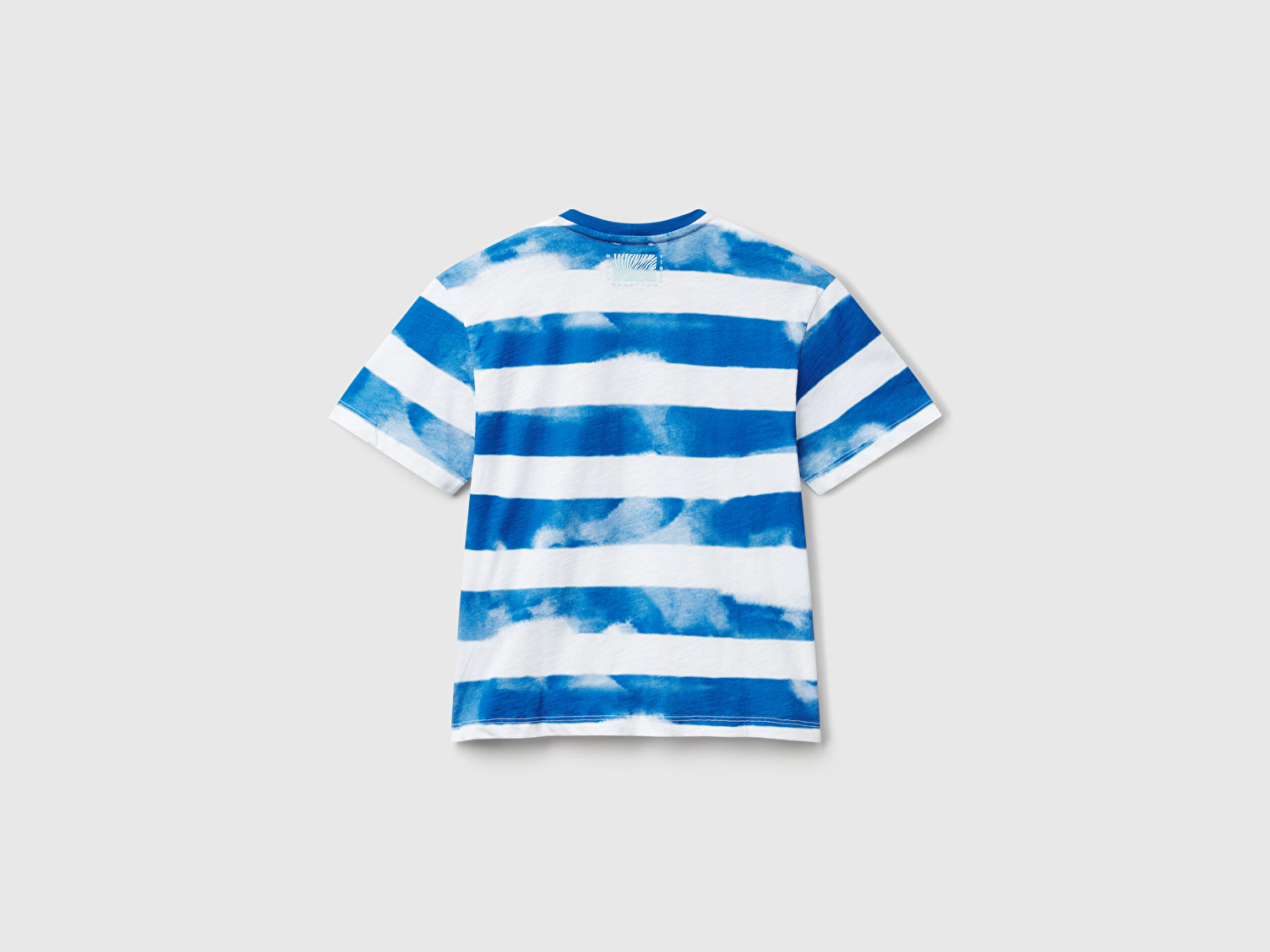 Benetton Erkek Çocuk Saks Mavi Baskılı Fırça Darbesi Çizgili Bisiklet Yaka Oversize T-Shirt